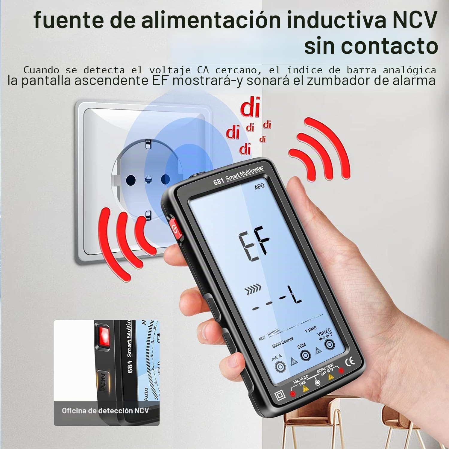 681 6000 Contador Multímetro Digital Smart Anti-Burn Recargable Medidor Universal NCV Probador LCD grande de 5 pulgadas con linterna retroiluminada para voltaje Corriente Resistencia