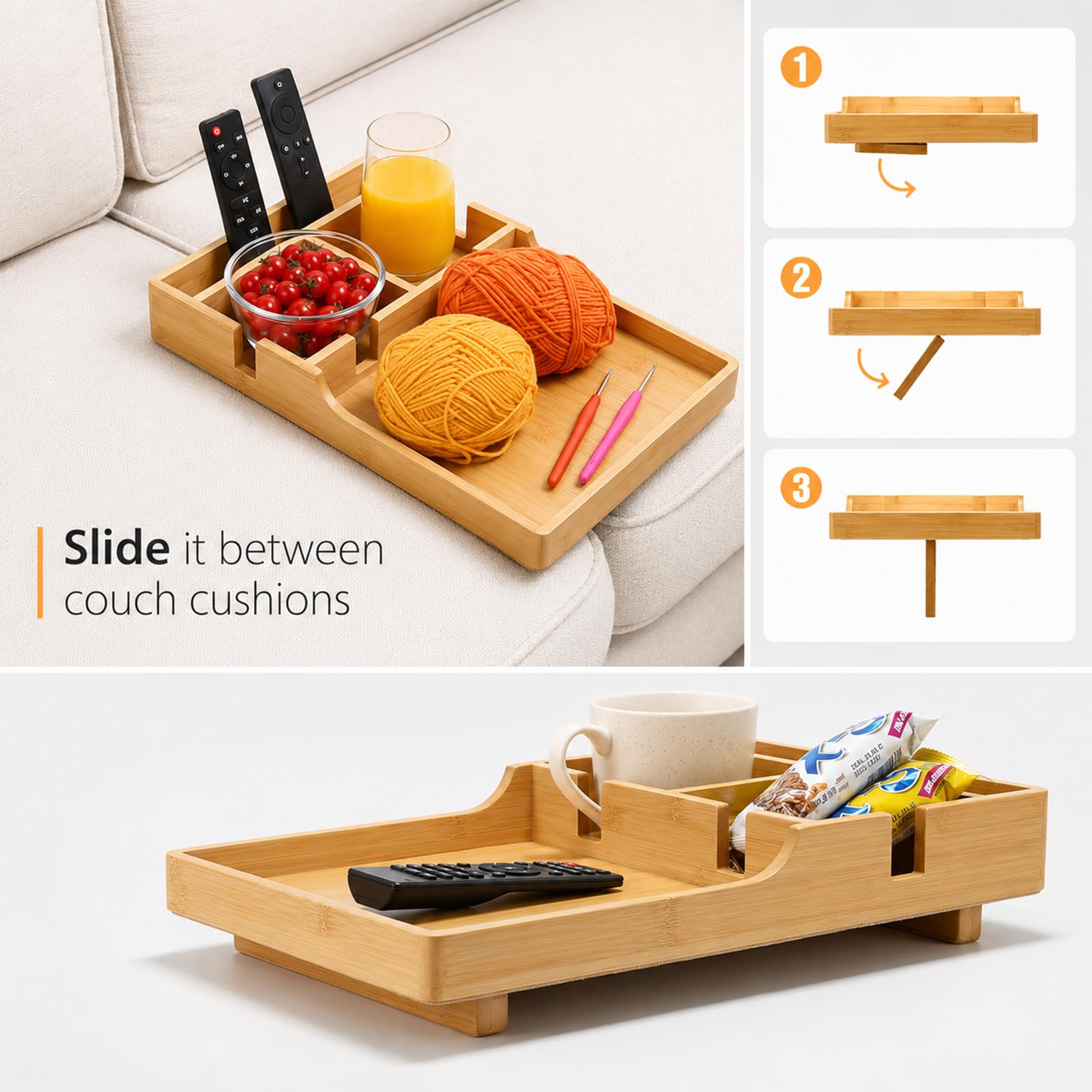 Bandeja de Sofá de Bambú, Organizador 2 en 1 para Hueco de Sofá con Portavasos, Bandeja para Mando, Snacks y Bebidas, Sofá y Cama