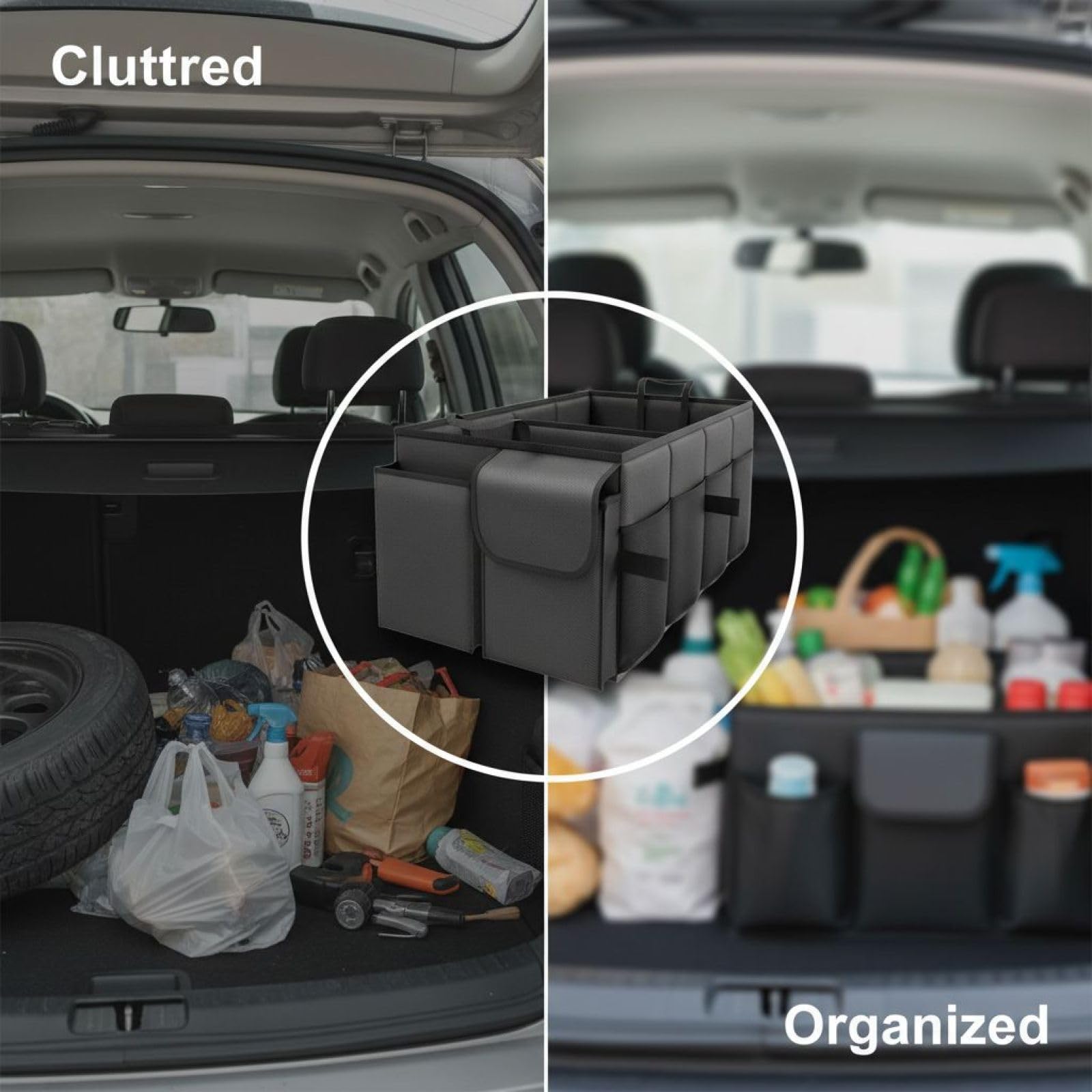 Faltbarer Kofferraum Organizer, robuste Auto Aufbewahrungsbox mit verstärktem Boden, Großraum Ladebox für SUVs, Limousinen und Trucks, zusammenklappbarer Behälter aus Polyesterfaser, Schwarz