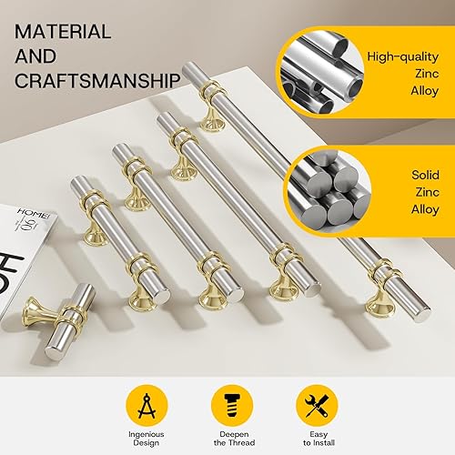 Miniatura 4 de Rergy Manijas de gabinete y pomos, paquete de 5 unidades de níquel cepillado y oro de 3 pulgadas, accesorios de cocina para manija de tocador,