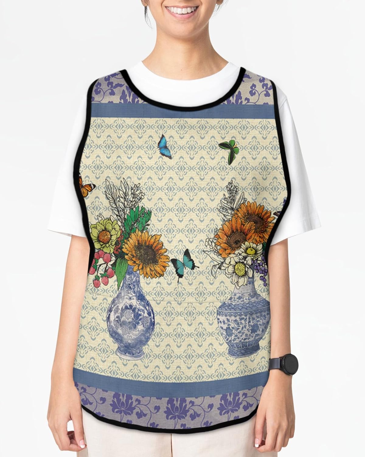 Sunflower Butterflies Cobbler Aprons with 2 Pockets for Women Men, Fashionable Printed Unisex Bib Waterproof Cleaning Smock Vest for Chef Kitchen Vintage Blue Porcelain Tile 2 Packs, 20''x 31.5''
