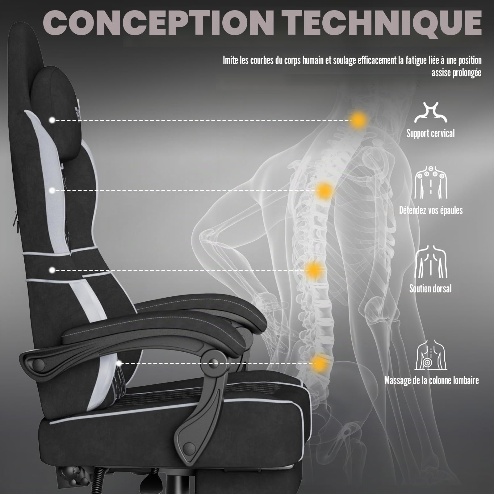Soontrans Chaise Gaming Ergonomique avec Coussin Lombaire Massage, Chaise Gamer，Fauteuil Gaming avec Repose Pieds télescopique&Appui tête&Dossier Inclinable à 160°, Tissu Velours, 136 kg（Noir&Gris）