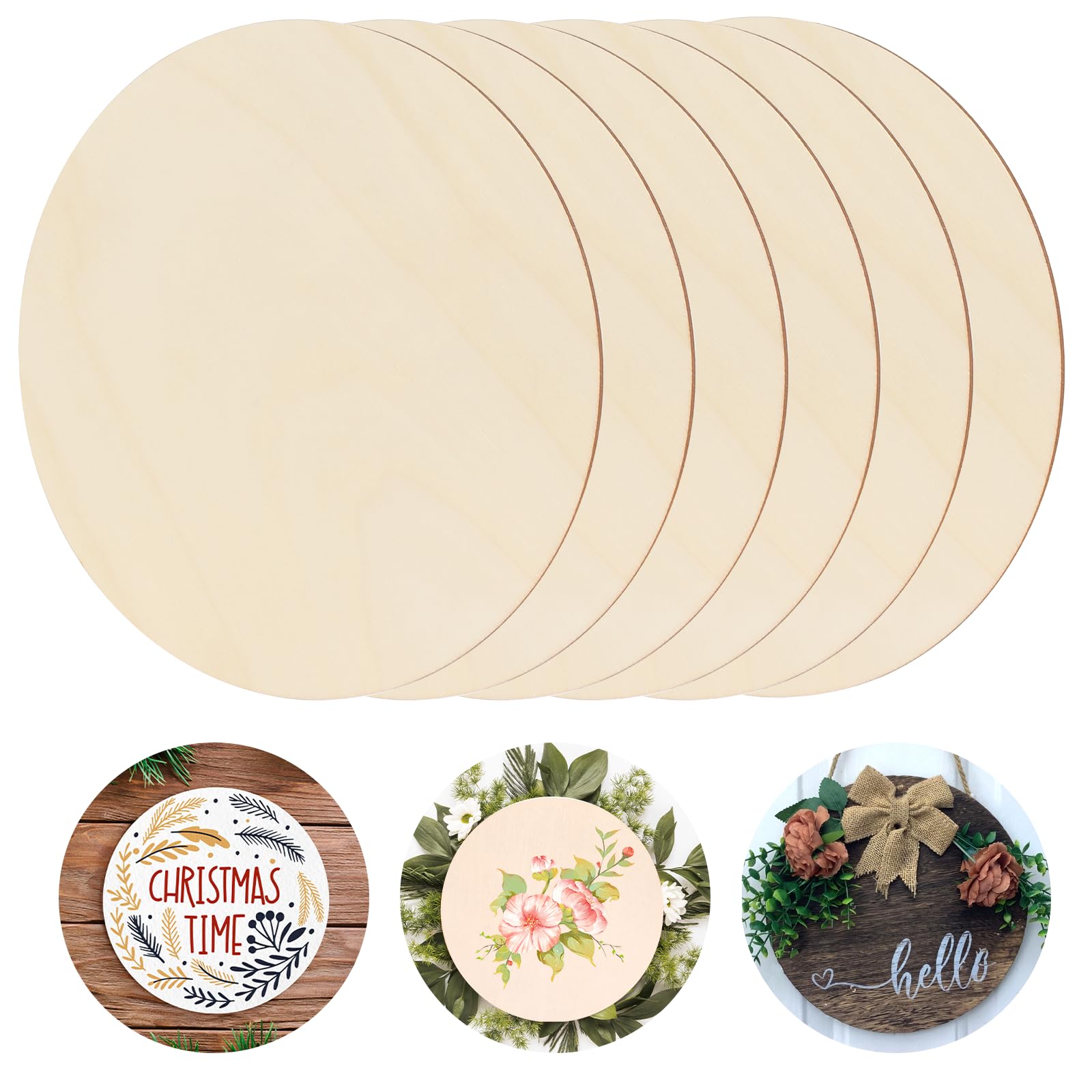 Bewudy 6 Pieces of Wood Circles for Crafts, 8 Inch Unfinished Wood Circles Discs, Wooden Ornaments for Crafts for DIY Crafts Door Hanger Sign Wood Buring Painting Christmas Decorate (6Pcs,20CM/8IN)