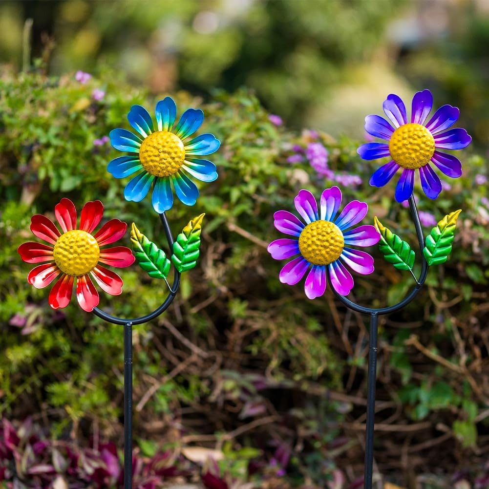 Viveta 2 Pack Flower Wind Spinners, Metal Wind Sculptures,Garden Pinwheels, Colorful Metal Windmill for Yard Lawn Patio Decor