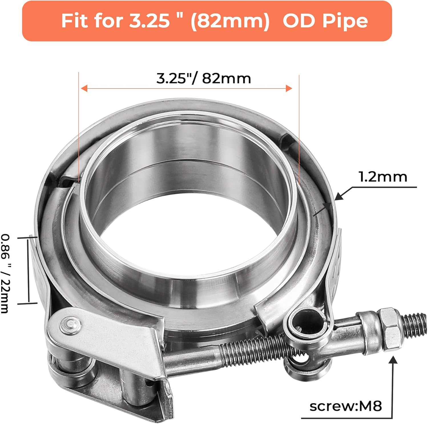 3.25 inch Quick Release V Band Clamp with Male Female Flanges, 304 Stainless Steel Exhaust V band Clamp for Automotive exhaust system, turbocharger, downpipe and mufflers