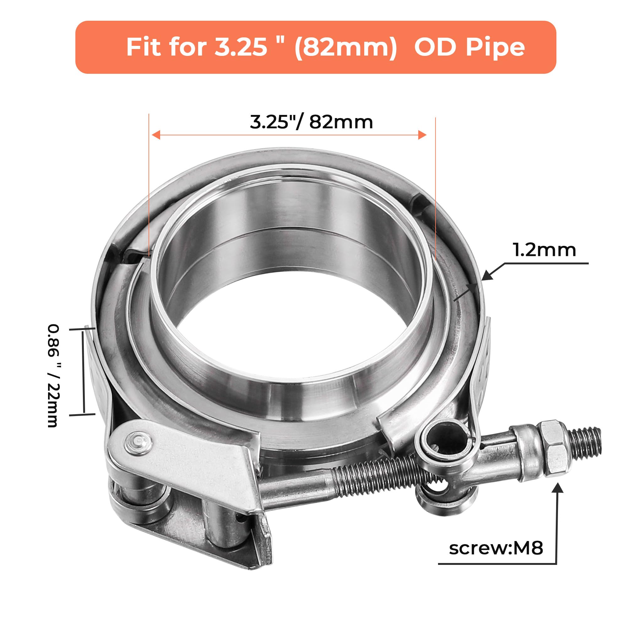 1 kit de abrazadera de escape en V de acero inoxidable 304 de 3.25 pulgadas con brida hembra macho