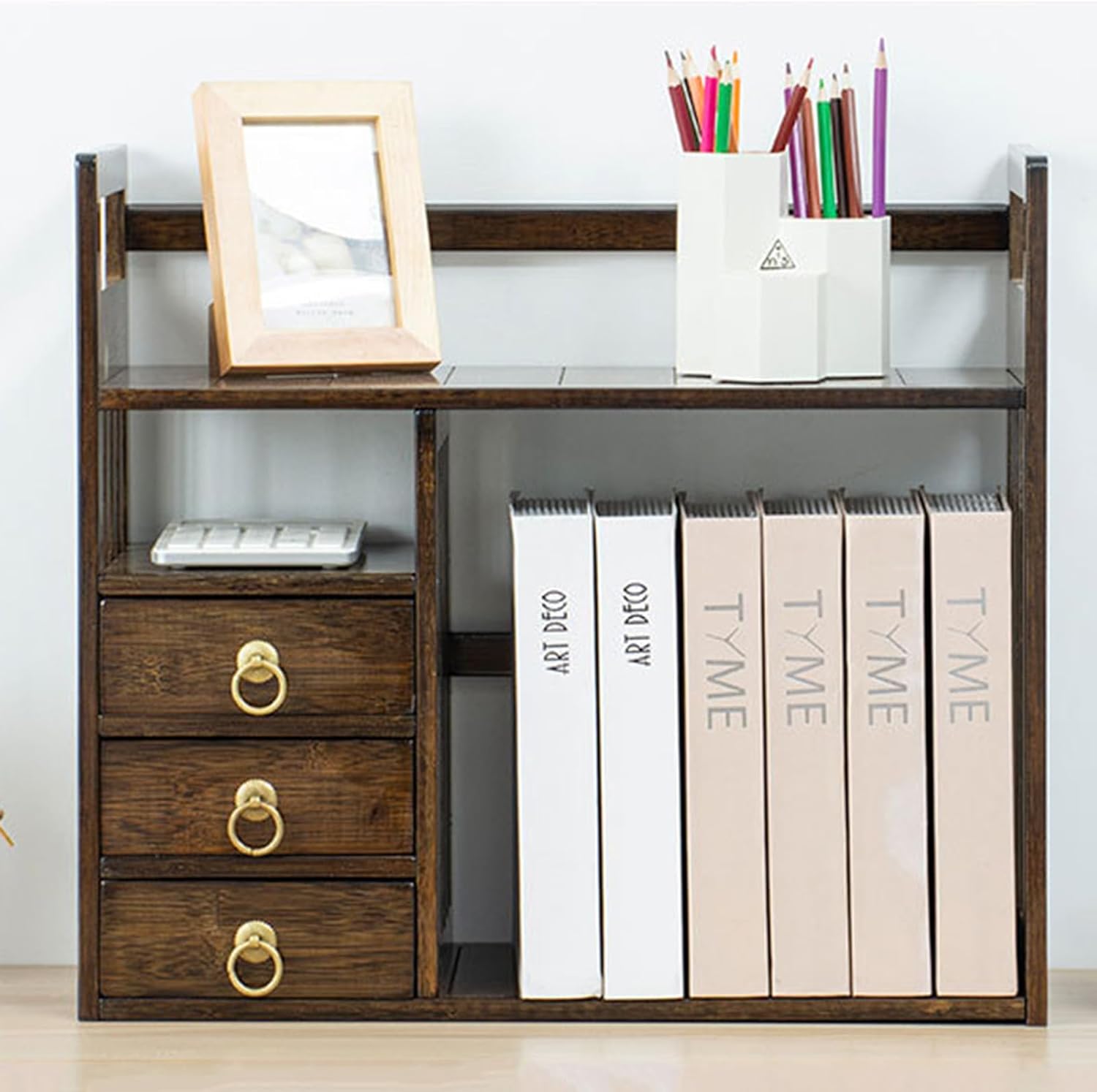 2 Tier Bamboo Countertop Bookshelf,Desktop Organizer Shelves with 3 Drawers,Desktop Bookcase for Home Office,Walnut