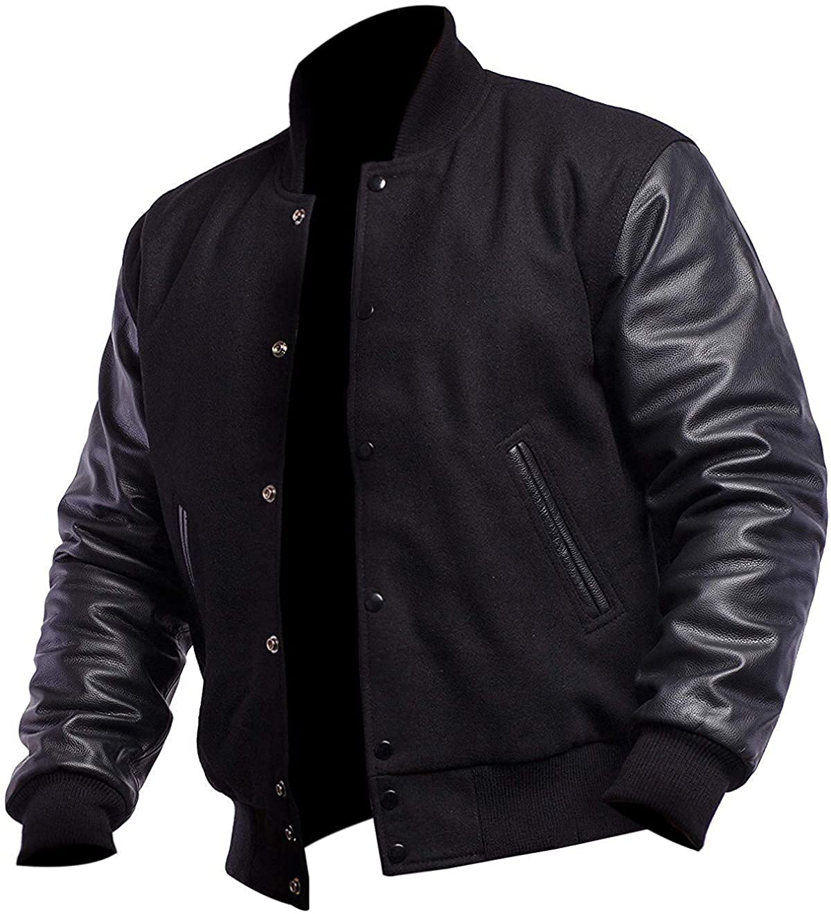 LP-FACON Black Bomber Jacket Men - Black Letterman Jacket - Black Varsity Jacket