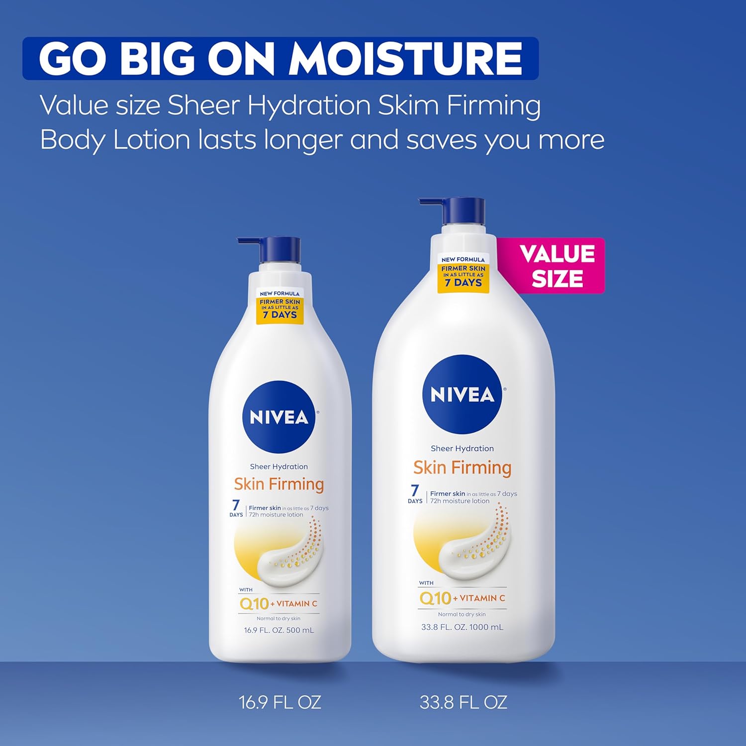 NIVEA Sheer Hydration Skin Firming Body Lotion with Q10 and Vitamin C, 72-Hour Body Moisturizer for Normal to Dry Skin, 33.8 Fl Oz Value Size Pump Bottle - Image 7