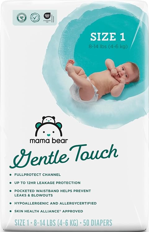 Amazon Brand - Mama Bear Gentle Touch Diapers, Hypoallergenic, Leakage Protection, Size 1, 50 Count