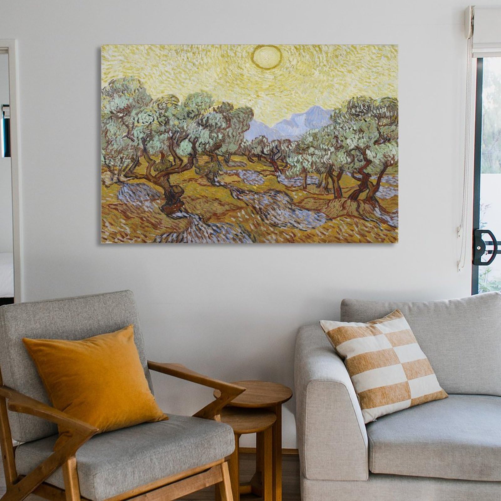 黄色い空と太陽のあるオリーブの木々 - ヴィンセント・ヴァン・ゴッホ