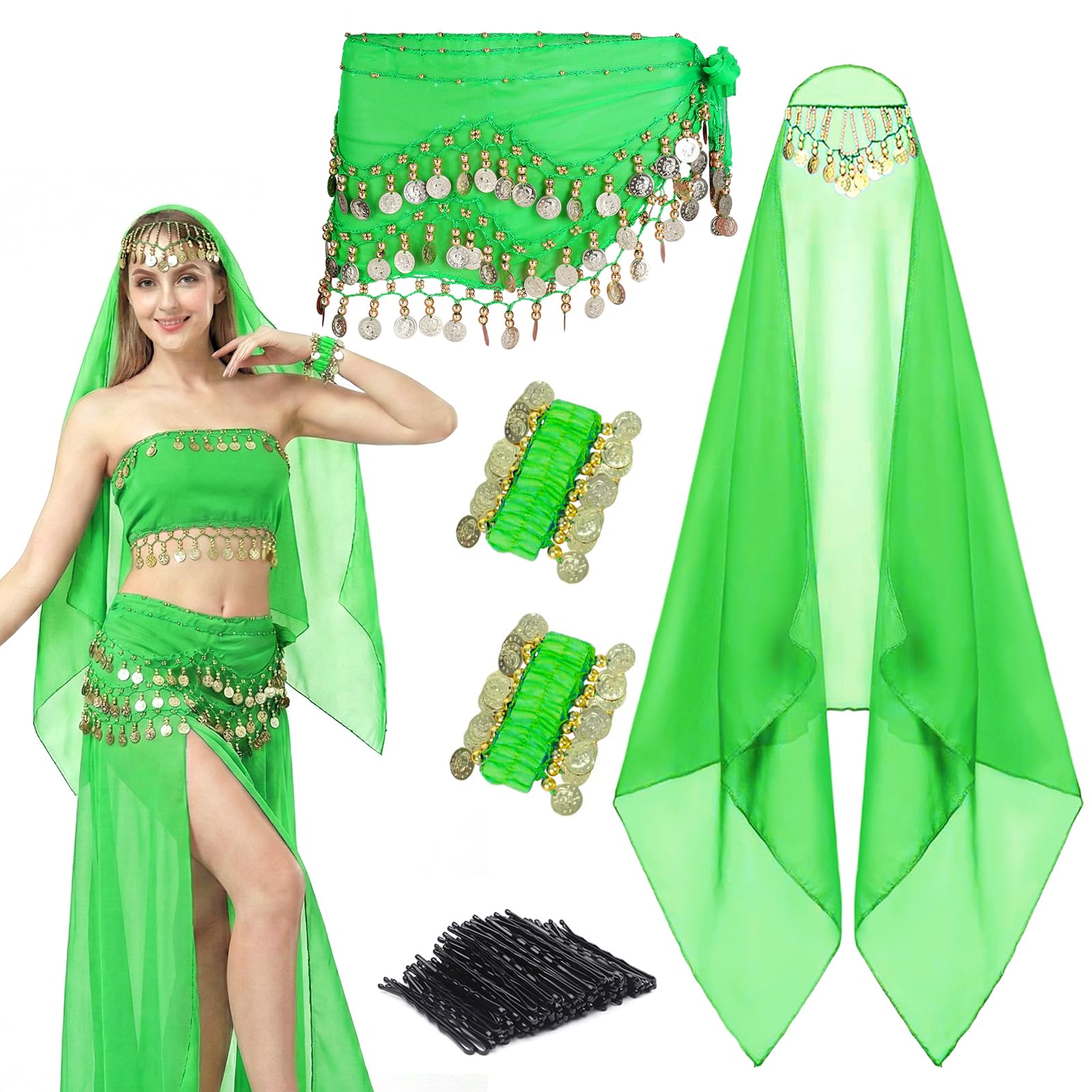 GANZHOUYILAN 4 Pcs Belly Dance Hip Scarf Sets, Belly Dance Skirt & Head Scarf with Coins, 2 Coin Wrist Bracelet 50 Bobby Pins