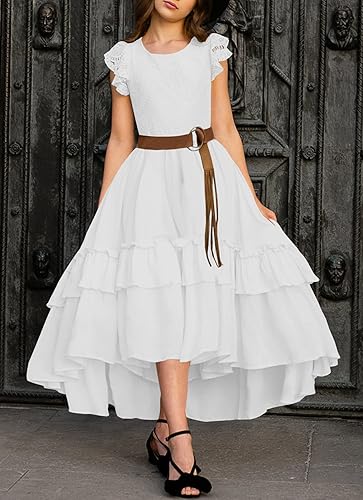 Miniatura 2 de HOSIKA Vestido de encaje bohemio para niña, con mangas con volantes, acampanado, formal, para boda, fiesta, 6-12 años