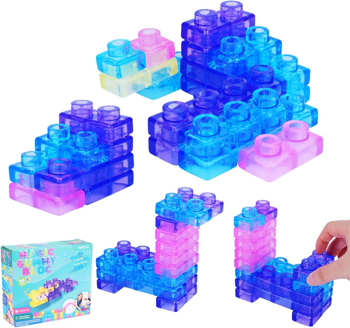 Magic GummyBloc 40 piezas de bloques de construcción sensoriales suaves para niños pequeños, juego de juguetes apilables Montessori para niños, juego de construcción de aprendizaje temprano exprimible y estirable, bloques de rompecabezas para juego creativo