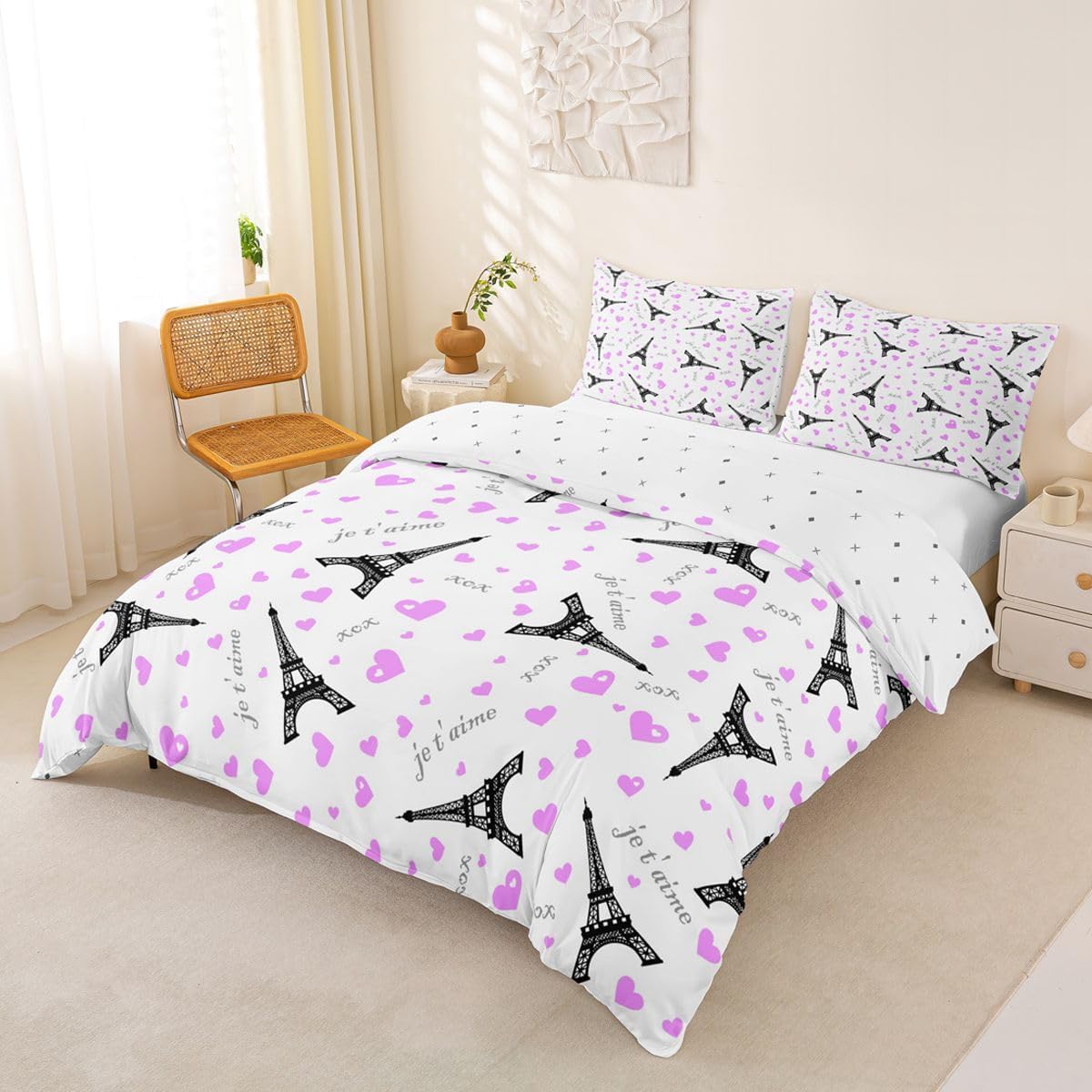 Paris Eiffel Tower Purple Hearts Duvet Cover Set 1 Pillowcase 2Pcs Twin image 2
