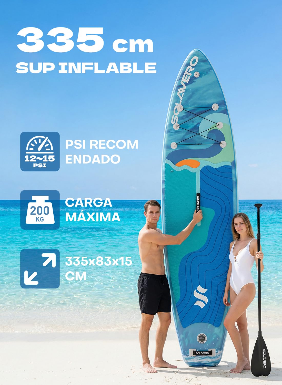 SOLAVERO Tabla Paddle Surf Hinchable, 335 x 83 x 15 cm Sup con Antideslizante EVA Deck, Paleta Ajustable, Soporte para Cámara, Quillas, para Todos los Niveles de Habilidad, hasta 200 kg