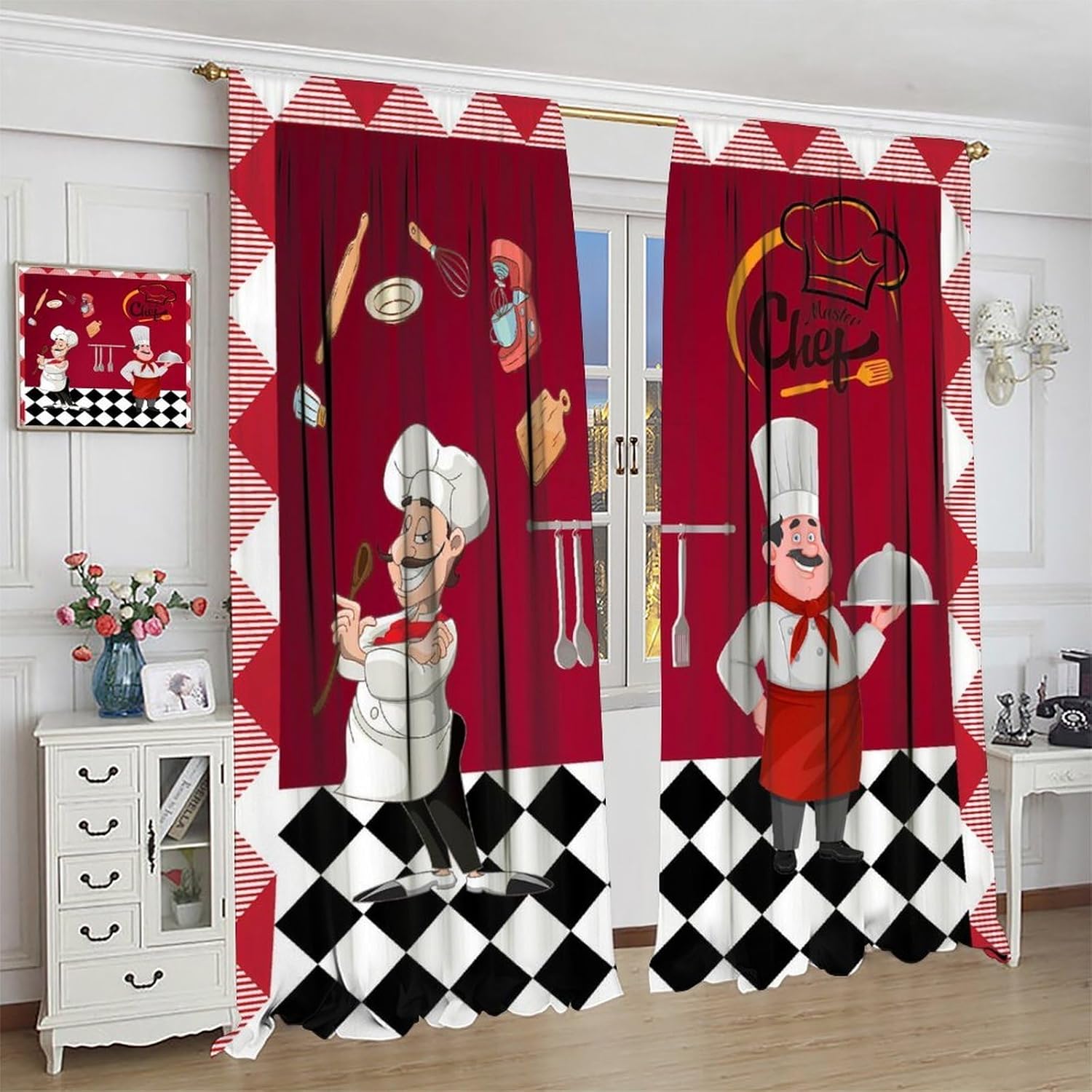 Chef Kitchen Curtains,Cartoon Funny Red Black Check Plaid Gourmet Knife Fork Print Drape for Bedroom Living Room Window Treatment 2 Panels Set Total Size 84" W X 84" L Inch