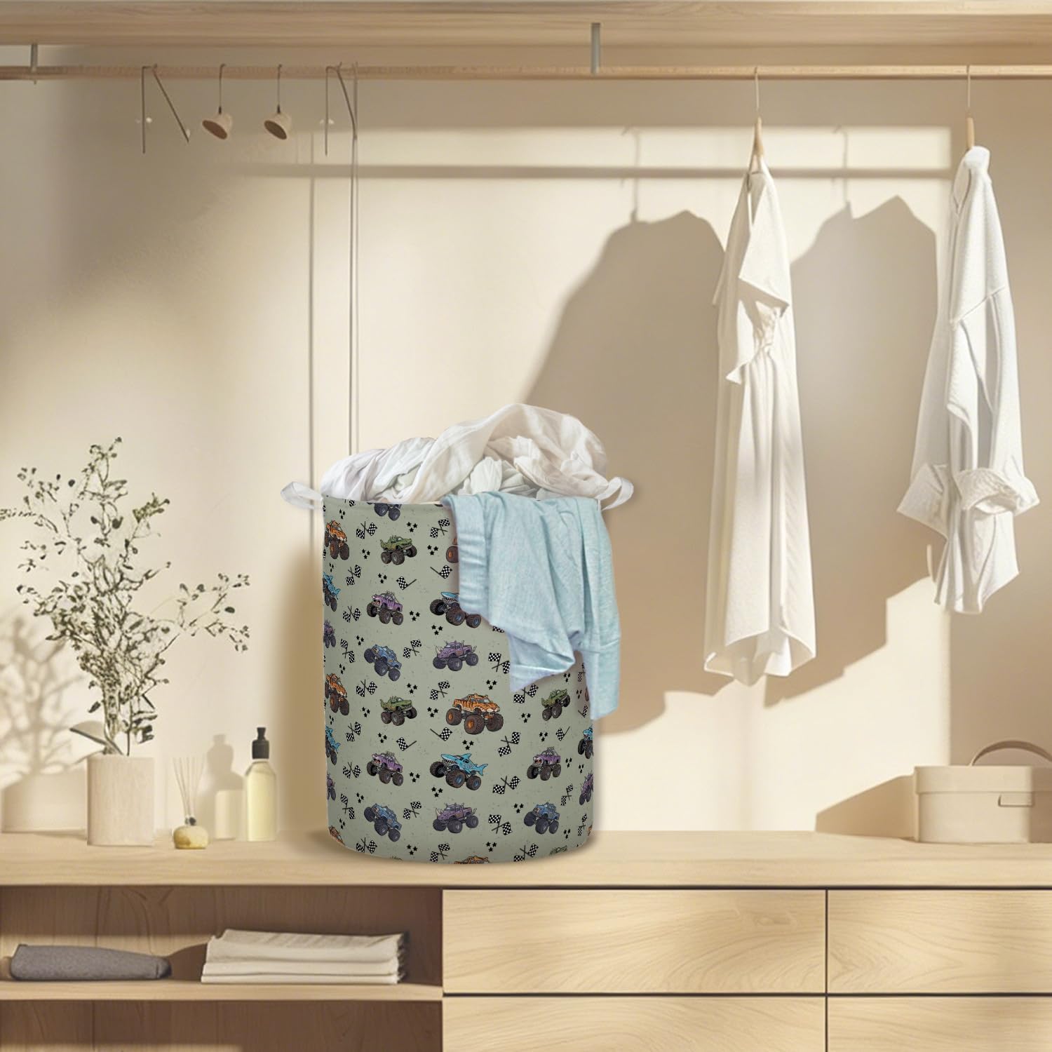 Vintage Racing Truck Boys Laundry Basket Hamper, Whimsical Race Car Foldable Clothes Toys Books Storage Box Bins Baskets Organizer for Boys Nursery Playroom Bedroom Bathroom