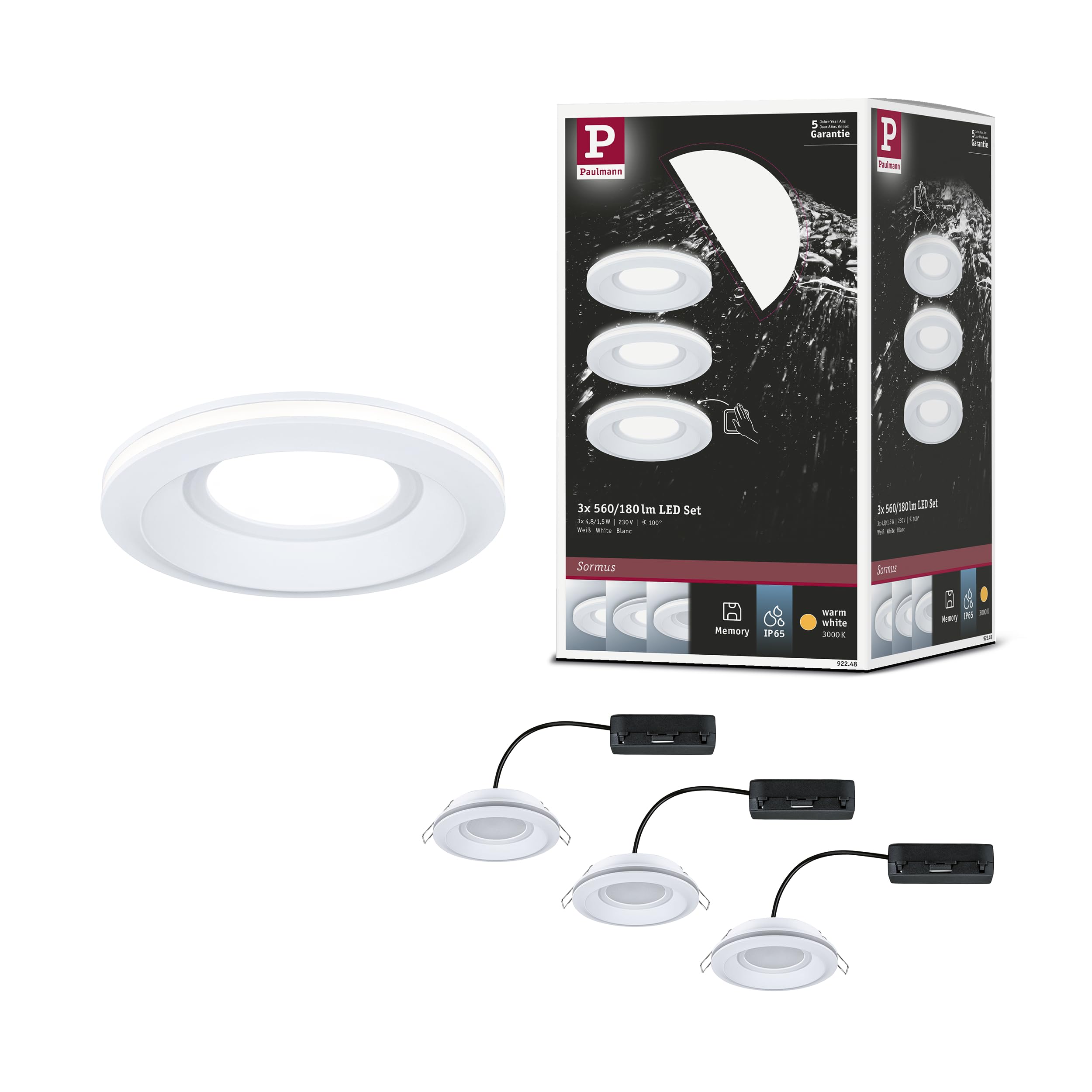 Paulmann 92248 LED Einbauleuchte Sormus IP65 rund 100mm 3x4,8/1,5W 560lm / 180lm 230V 3000K Weiß