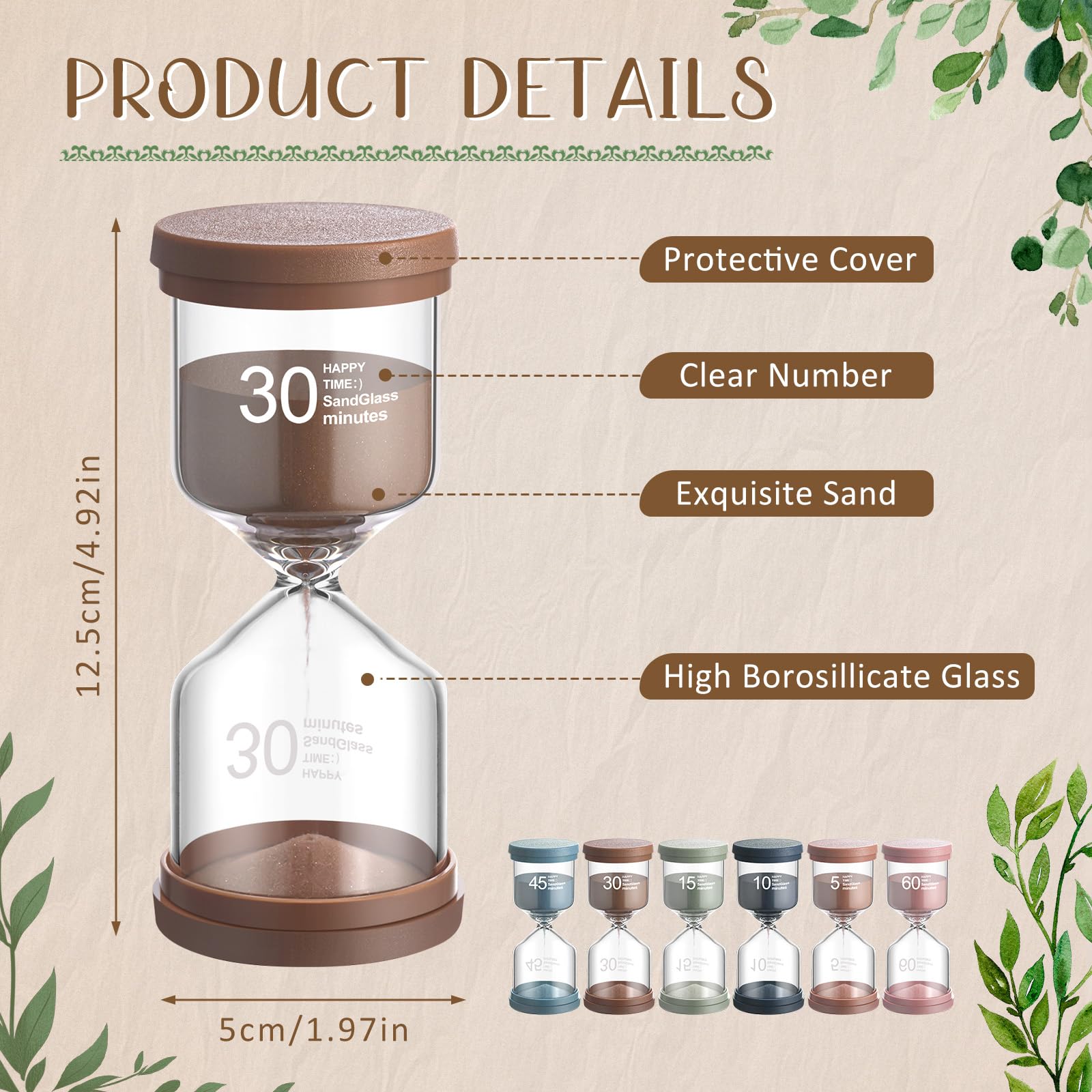 6 Pack Colorful Hourglass Set Sand Timers Clock Egg Timers for Office Home Play Time Brushing Teeth Cooking Reading Graduation Classroom Decoration(Mocha Mousse Color,Large)