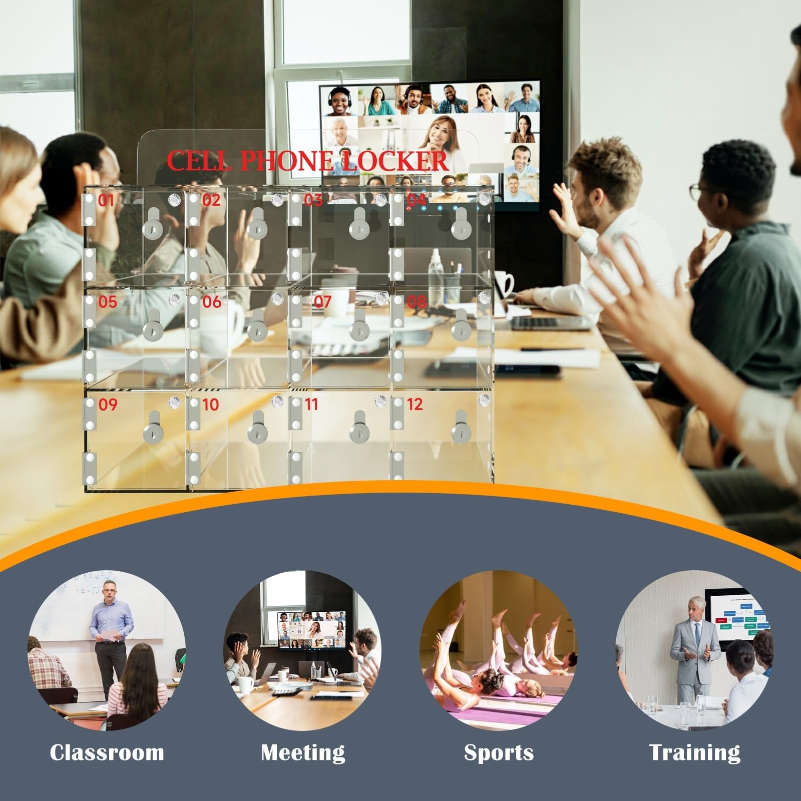 SDdPulse Armadietto per telefono in acrilico trasparente con 12/20 slot a parete con chiave, per telefoni, pratico e sicuro per aule, uffici e sale conferenze, sicuro e solido, 12 slot