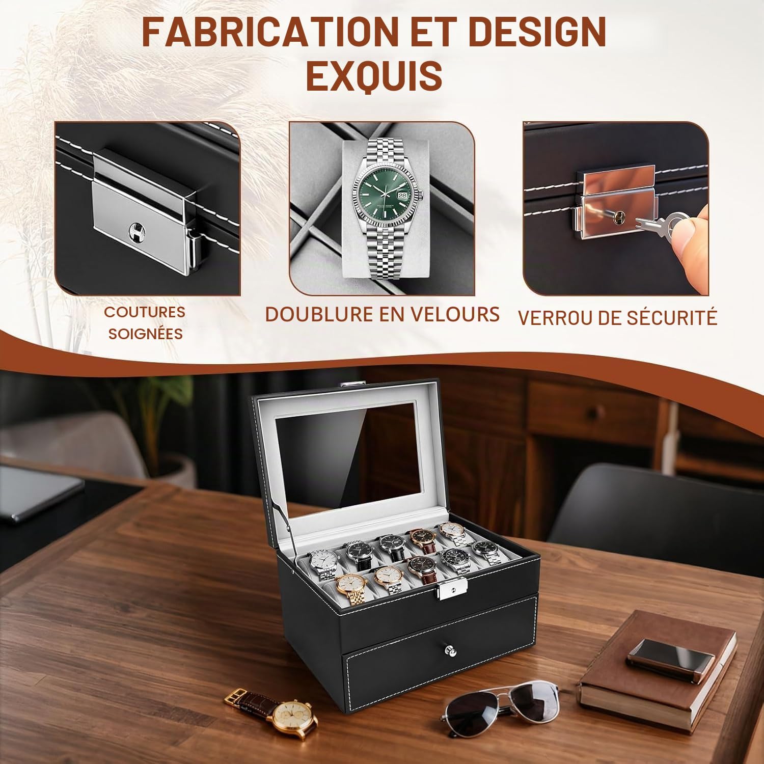 BoÎte À Montres 20 Compartiments,Coffret à Montres avec couvercle en verre,Rangement pour Montres en Cuir, Écrin À 2 Niveaux,avec Coussinets Amovibles,Idées cadeaux