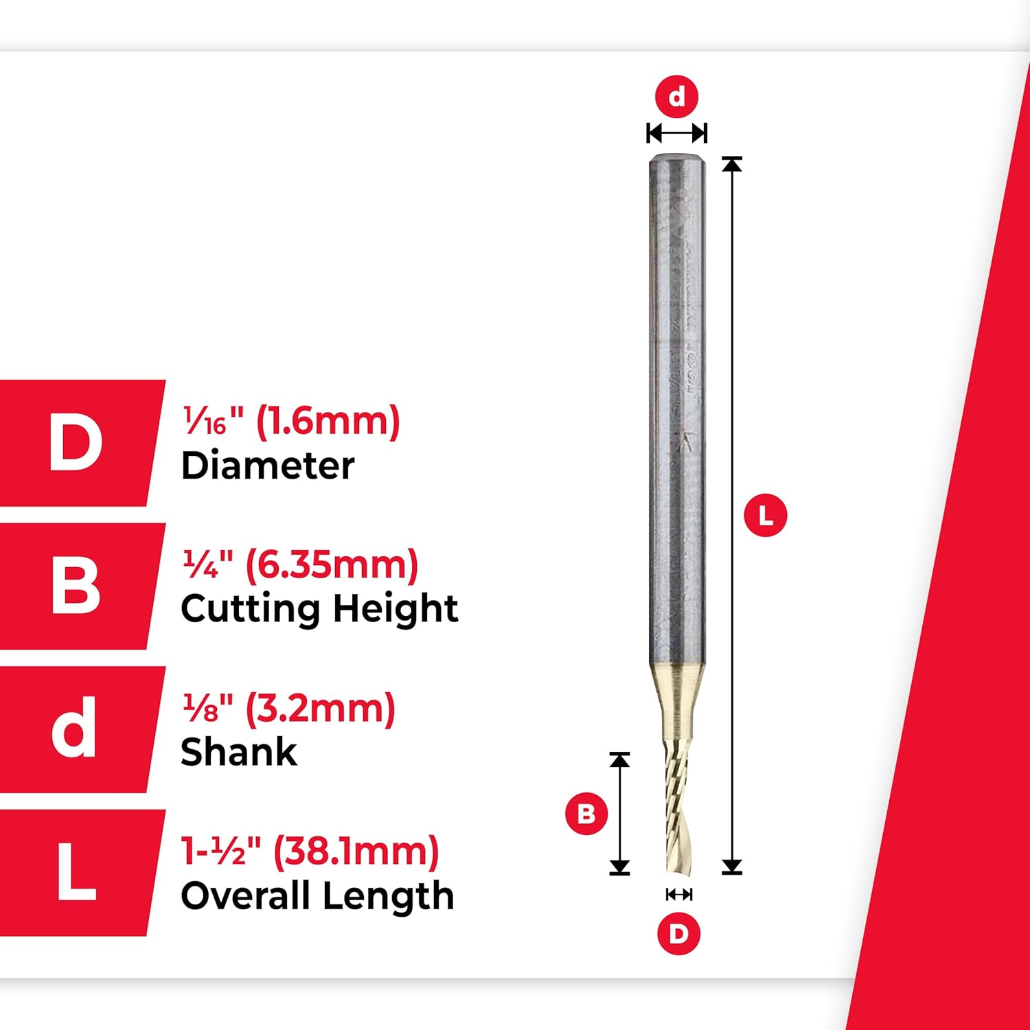 Amana Tool 51470-Z-5 5-Pack CNC SC Spiral O Single Flute Aluminum Cutting 1/16 D x 1/4 CH x 1/8 SHK x 1-1/2 Inch Long Up-Cut ZrN Coated Router Bits with Mirror Finish