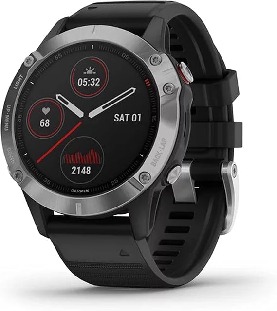 Garmin fenix 6, Ultimate Multisport GPS Watch, Heat and Altitude Adjusted V02 Max, Pulse Ox Sensors and Training Load Focus, Silver with Black Band