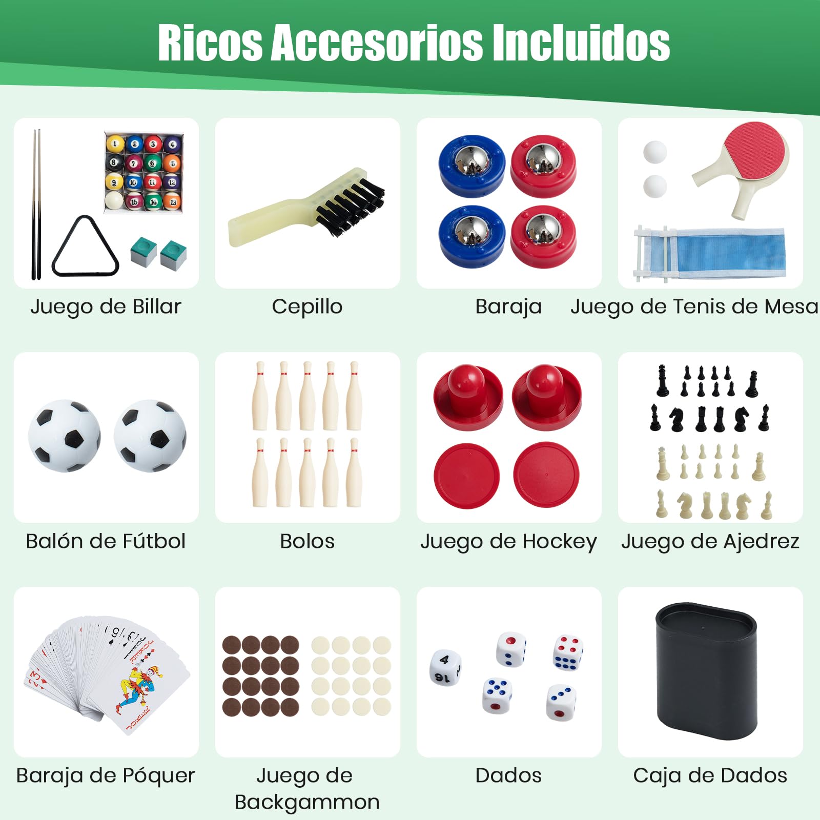 GOPLUS Mesa de Juegos 10 en 1, Mesa Multifuncional con Futbolín, Hockey de Aire, Billar, Ping Pong, Shuffleboard, Bolos, Ajedrez, Damas, Backgammon, Set Apilable para Hogar, Oficina, Bar