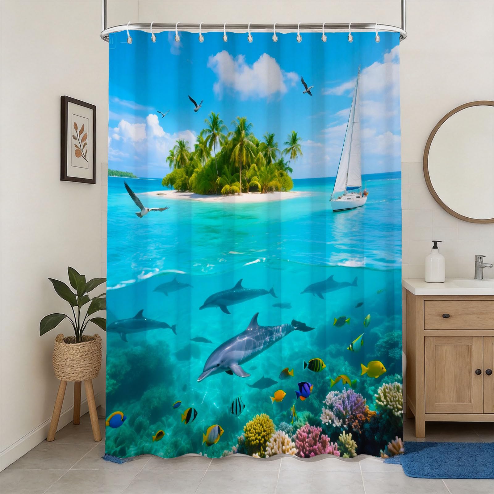 Hongduo 3D Tropical Island Scenery Shower Curtain for Stalls Bathtubs Vacation Landscape Bathroom Decor Shower Curtain Set Polyester Fabric Waterproof 180x200cm/71X79 Inch with Hooks