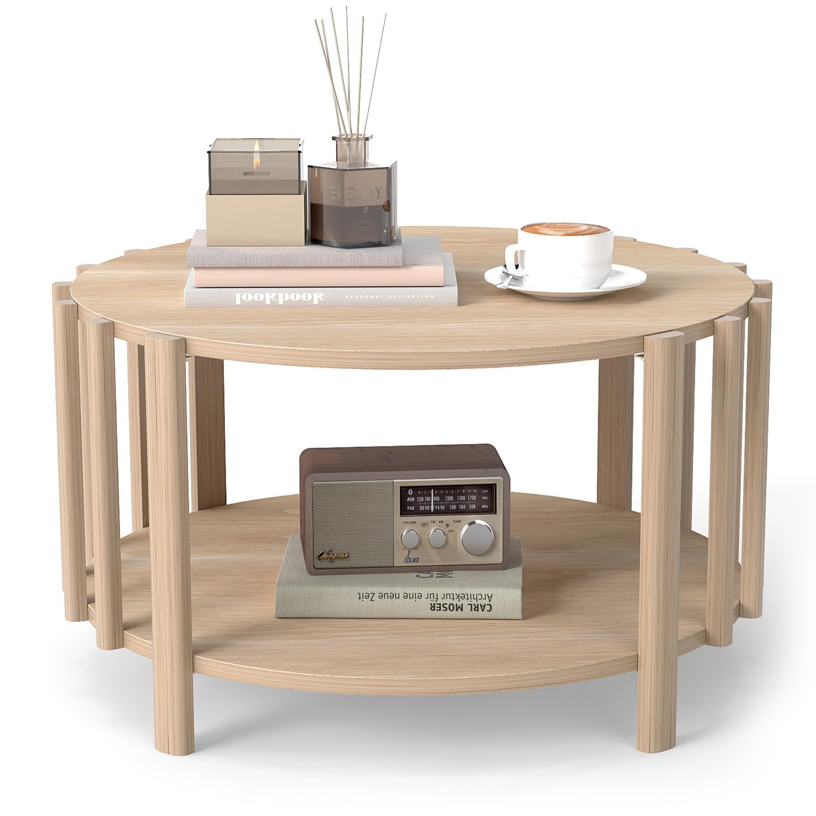 Tavolo da caffè rotondo in legno con pratico spazio e struttura stabile, 74 x 74 x 40 cm