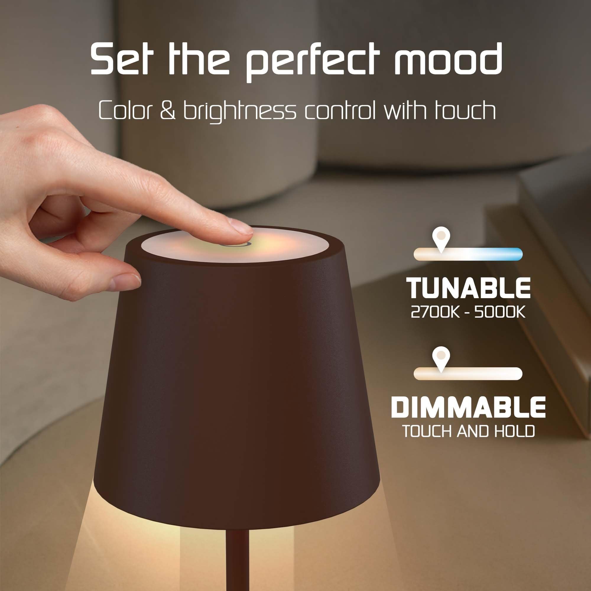 Ledvion - Lampe de Table LED Rechargeable, Marron, Variable 2700K-5000K, 200 Lm, IP54 Résistante aux Éclaboussures, Batterie 4400mAh, Commande Tactile, Réglable, USB-C, Intérieure & Extérieure, Nyra