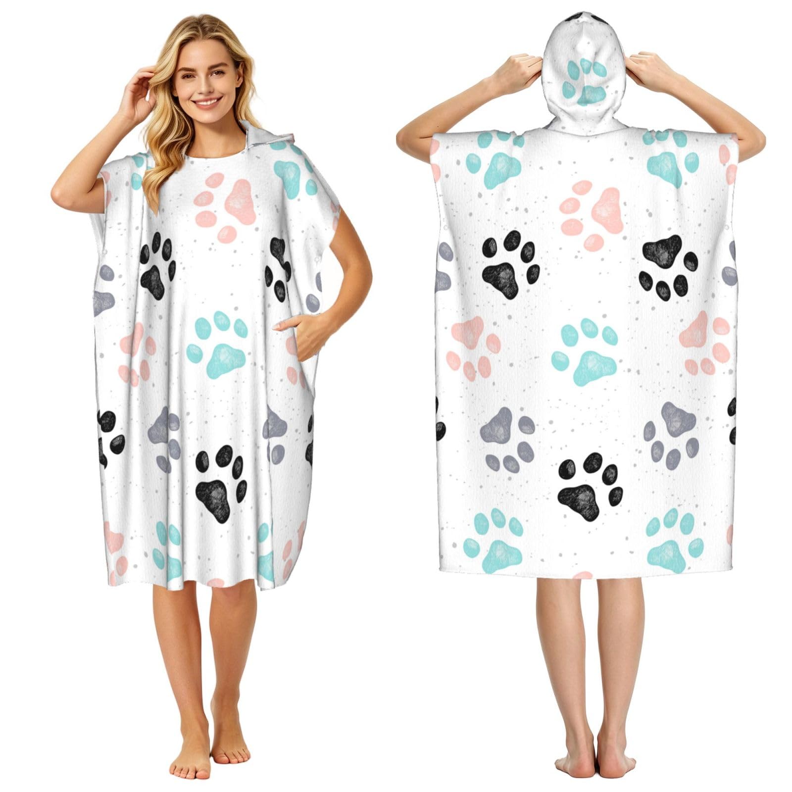 Poadnly Dog Paw Prints, Adult Hooded Beach Towel 90 x 110 cm,Changing Bath Robe, Surf Poncho Towel For Women Men