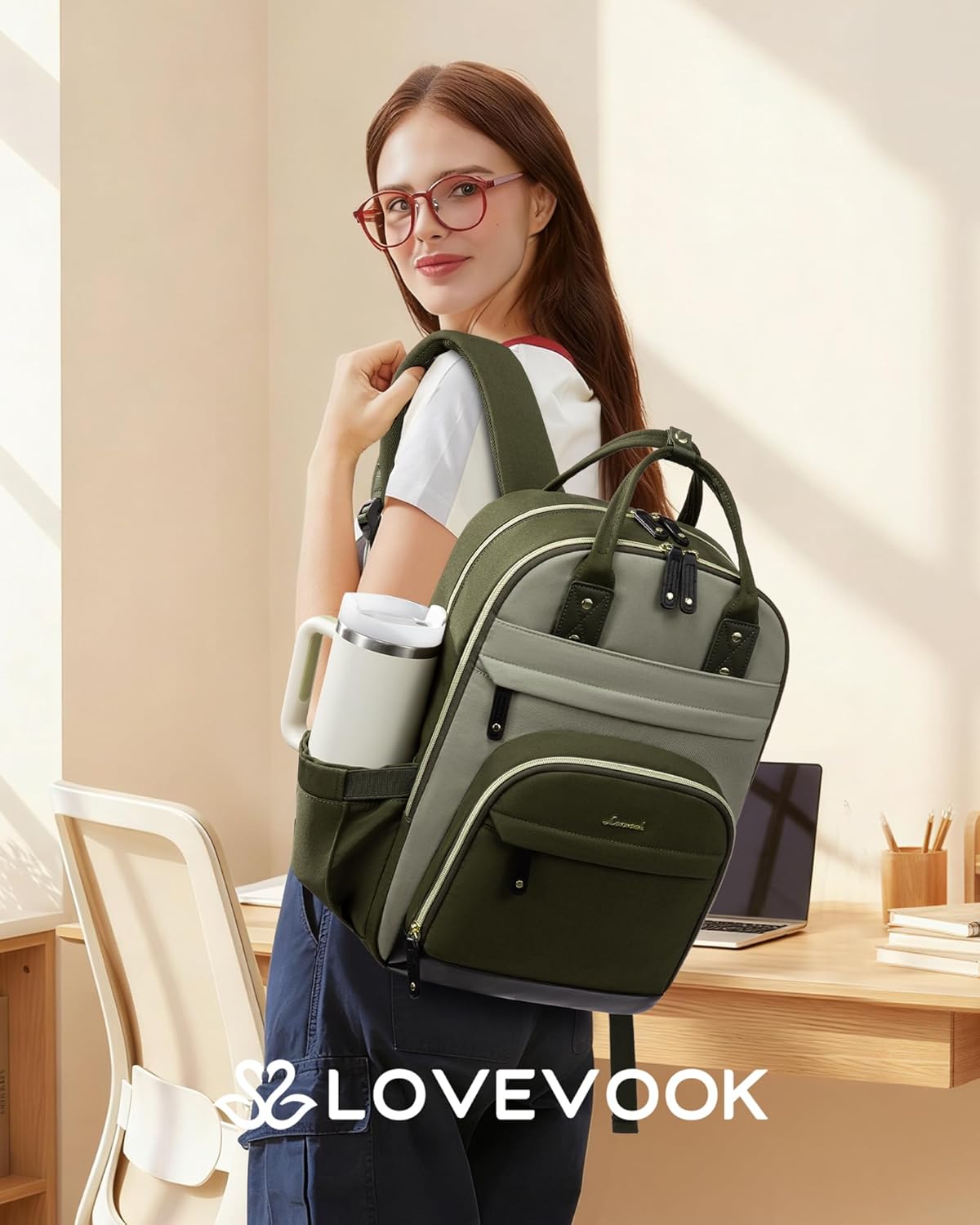 LOVEVOOK Laptop Backpack for Women with Giant Tumbler Holder Pocket,17.3 inch School College Book Bag Nurse Teacher Backpack,Work Travel Backpack Laptop Computer Bag,Olive green-Bean green-Kelp green - Image 2