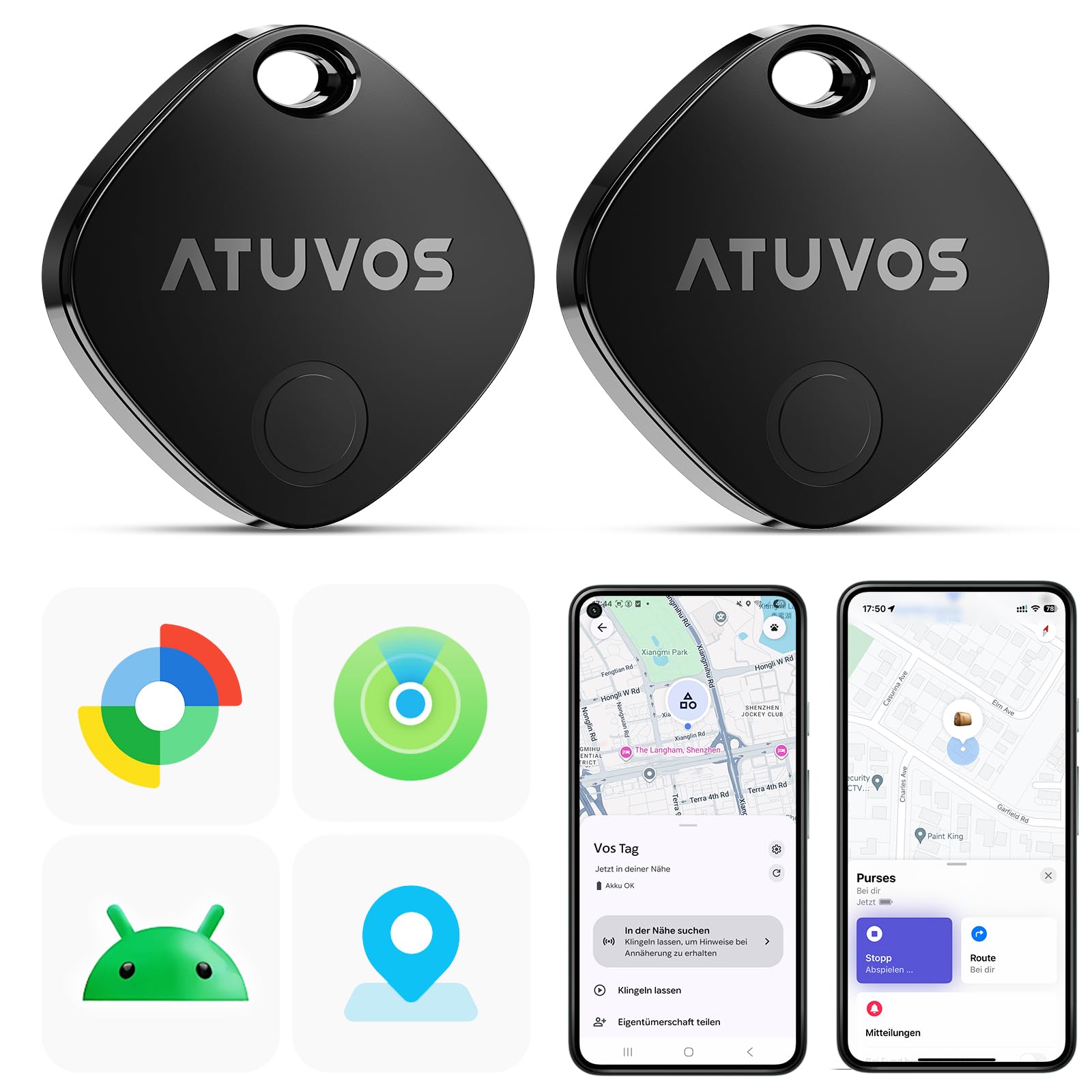 ATUVOS Air Tag Pro Smart Tags Tracker für Android & iOS, Neu Dual-System Schlüsselfinder kompatibel mit Google Mein Gerät Finden or Apple Wo ist? App, Smarttag Keyfinder für Gepäck, Koffer, 2er Pack.