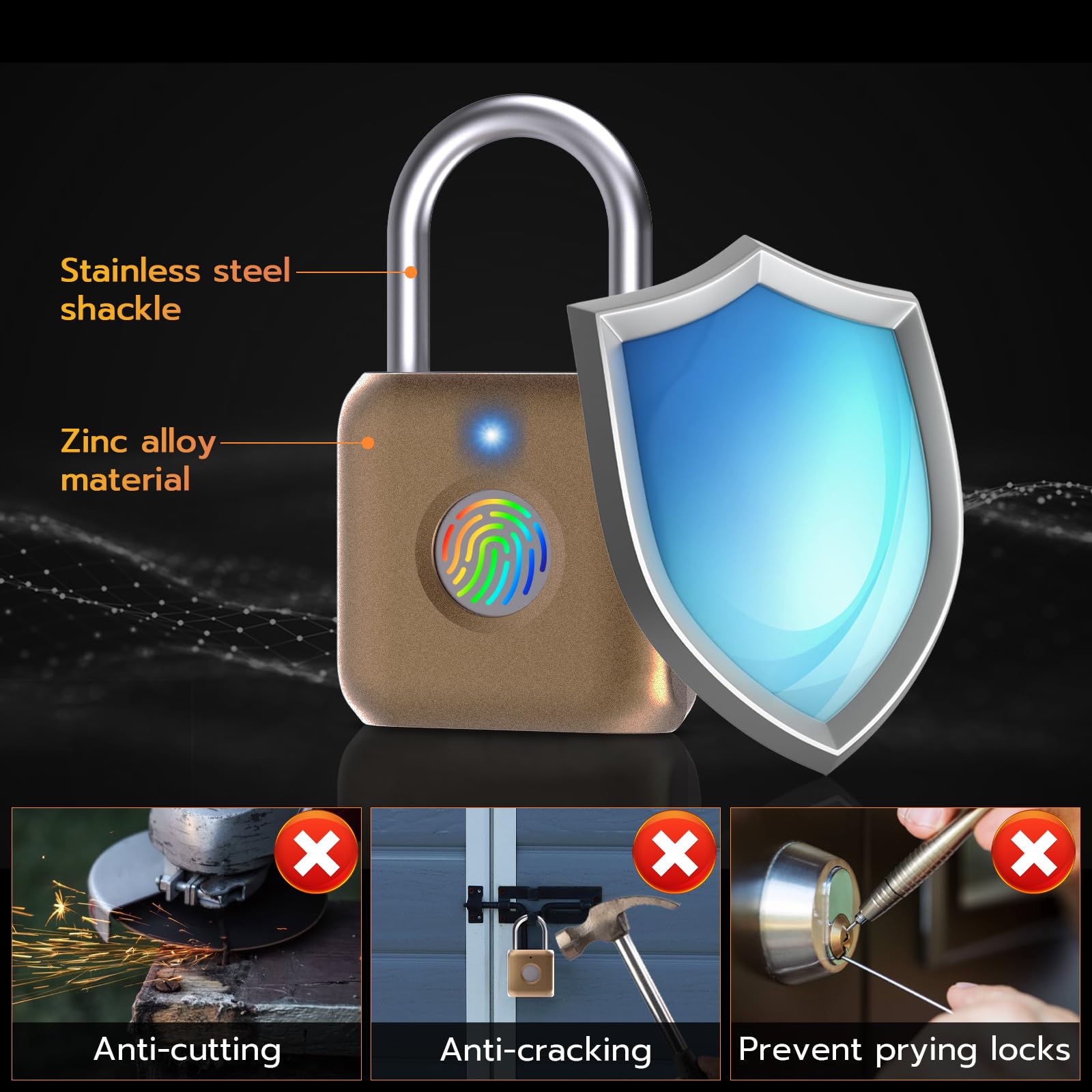 Pothunder Cadenas à empreintes digitales, cadenas intelligent, serrure biométrique en métal sans clé, rechargeable par USB, pour casier de gym, bagages, sac à dos (placer doré)