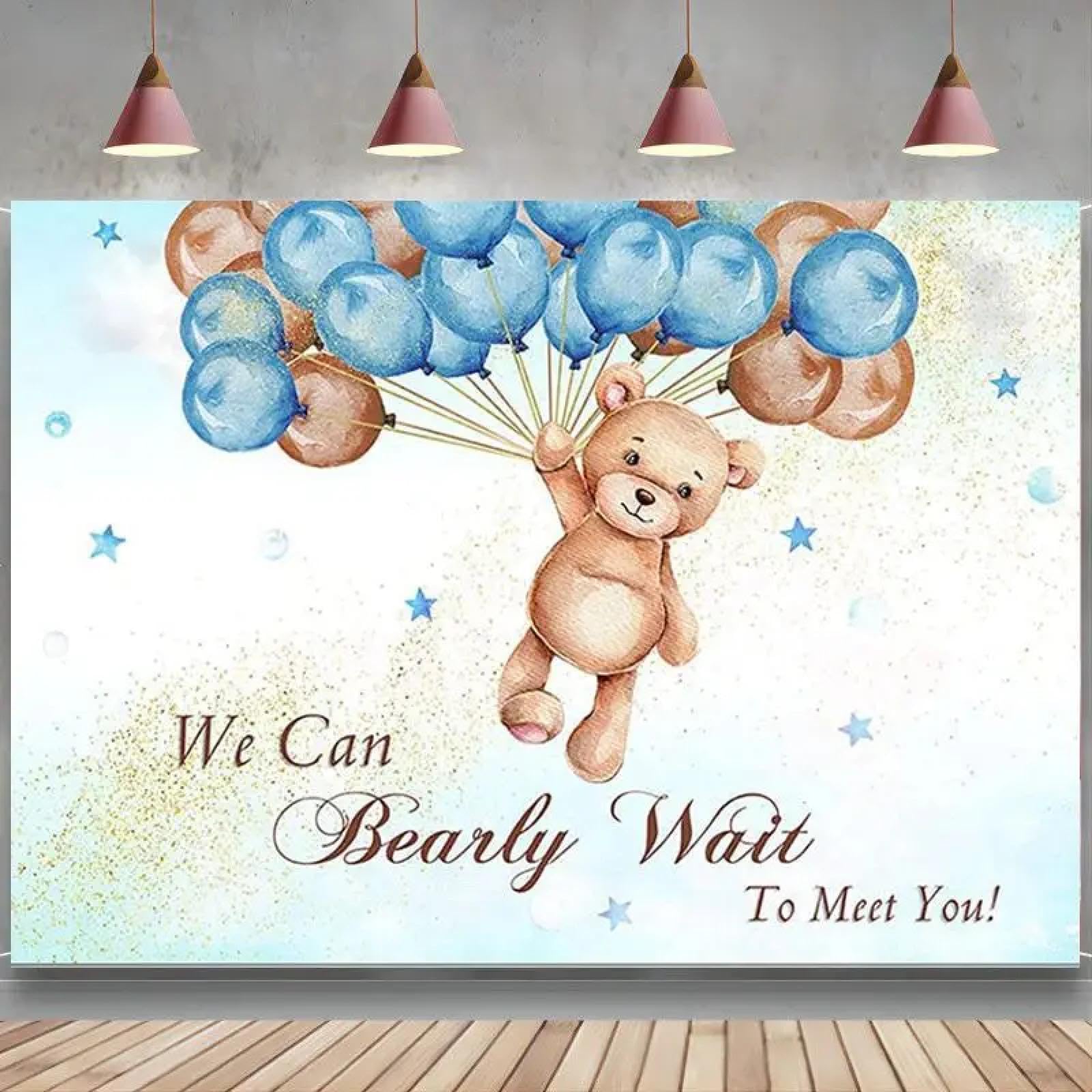 Chłopiec Baby Shower tło 'We Can Wait to Meet You' niebieski brązowy balon złoty błysk fotografia impreza baner dekoracja 250 x 180 cm