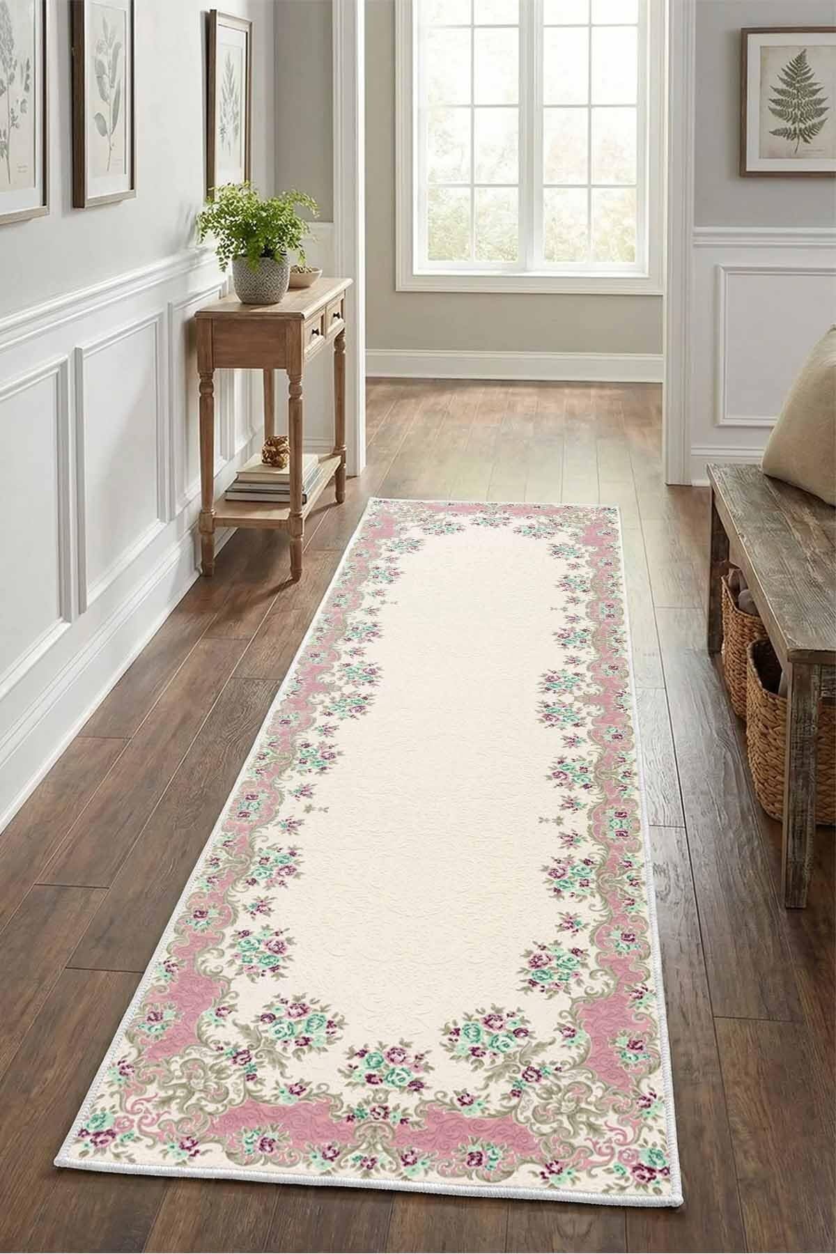 Monnhein Krem Yolluk Bahçe - Yıkanabilir, Kaymaz Taban, Dijital Baskılı, Leke Tutmaz, İnce Hav, Modern Koridor, Mutfak, Antre ve Salon için Dekoratif Yolluk