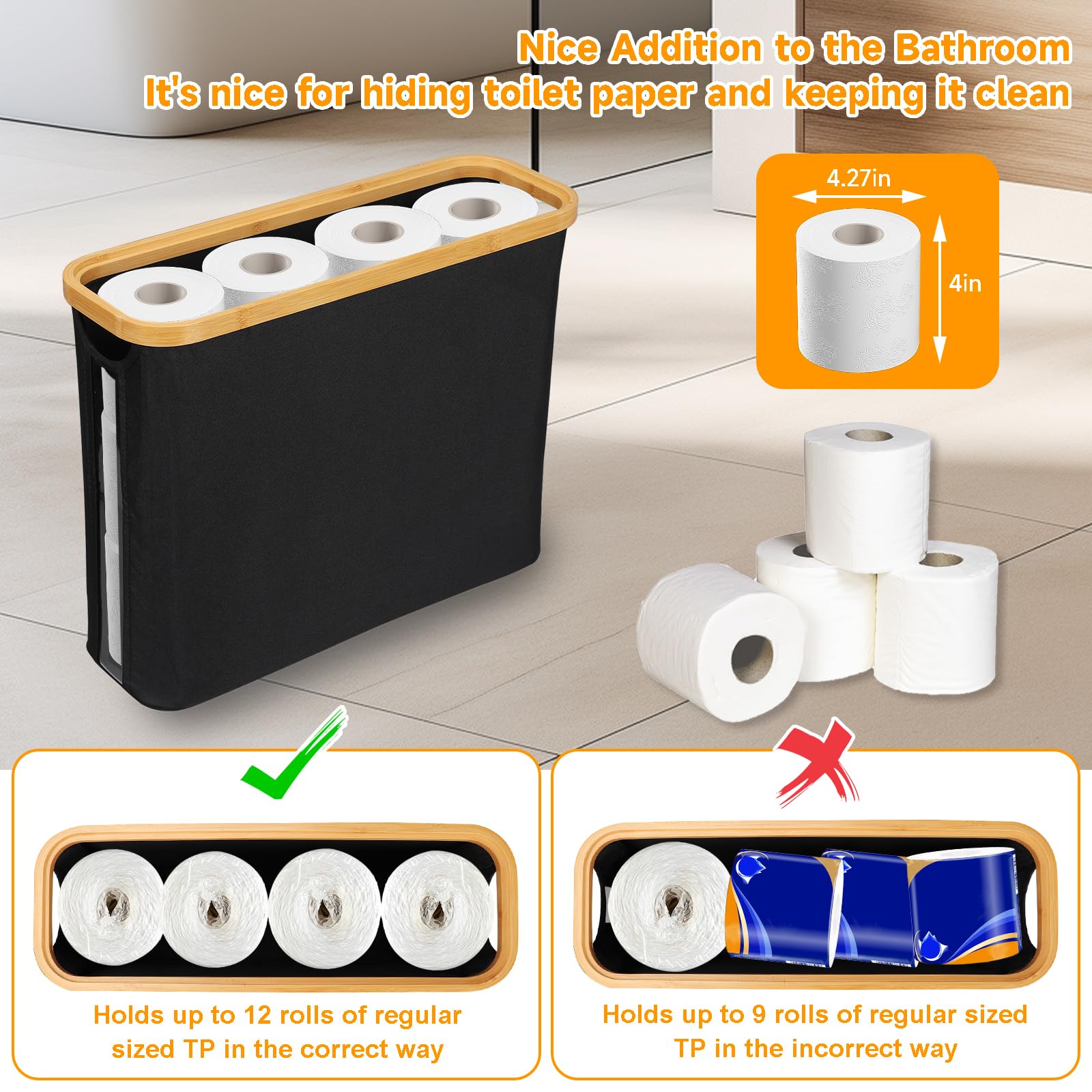Toilettenpapier Aufbewahrungskorb Faltbar – Mit Deckel, Für Bis Zu 12 Rollen, 45x15x35 Cm, Grau
