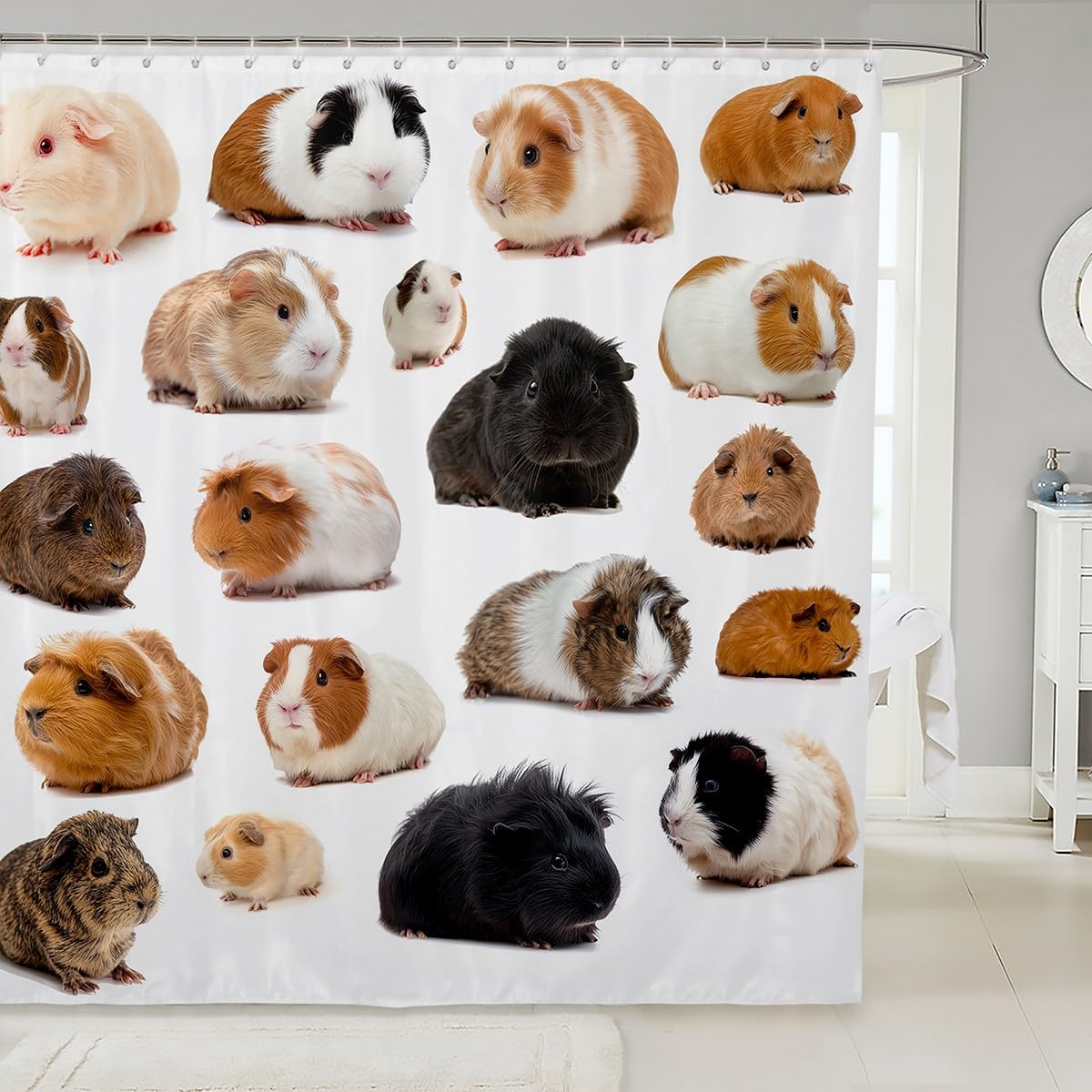 Erosebridal Guinea Pig Shower Curtain, Cute Mouse Bath Curtain, Rodents Animal Bathroom Shower Curtain for Kids Boys Girls Teens White Shower Curtain