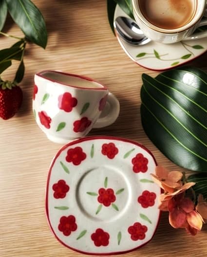 The White Space Living Red Blossom Flowers Cute Cup and Saucer Set for Tea, Coffee and Milk | Handpainted |Microwave Safe Dishwasher Safe | 210 ml