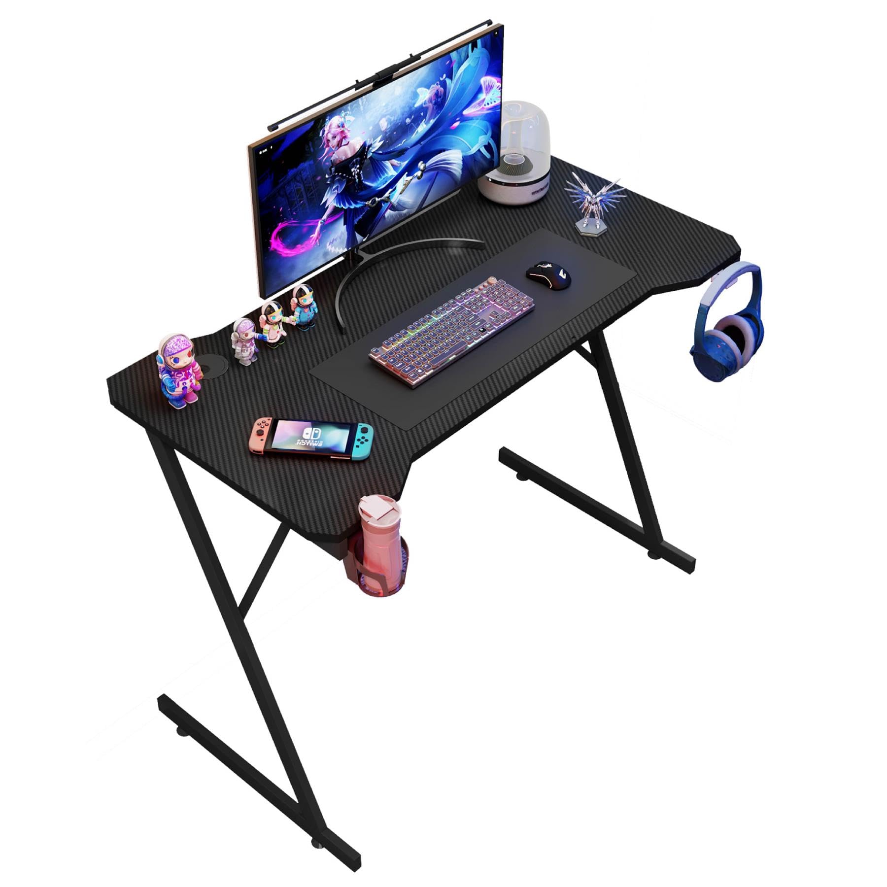 House Of Home 118CM Gaming Desk – Carbon Fibre Finish, Cup Holder, Headphone Hook – Black Computer Desk for PC & Office