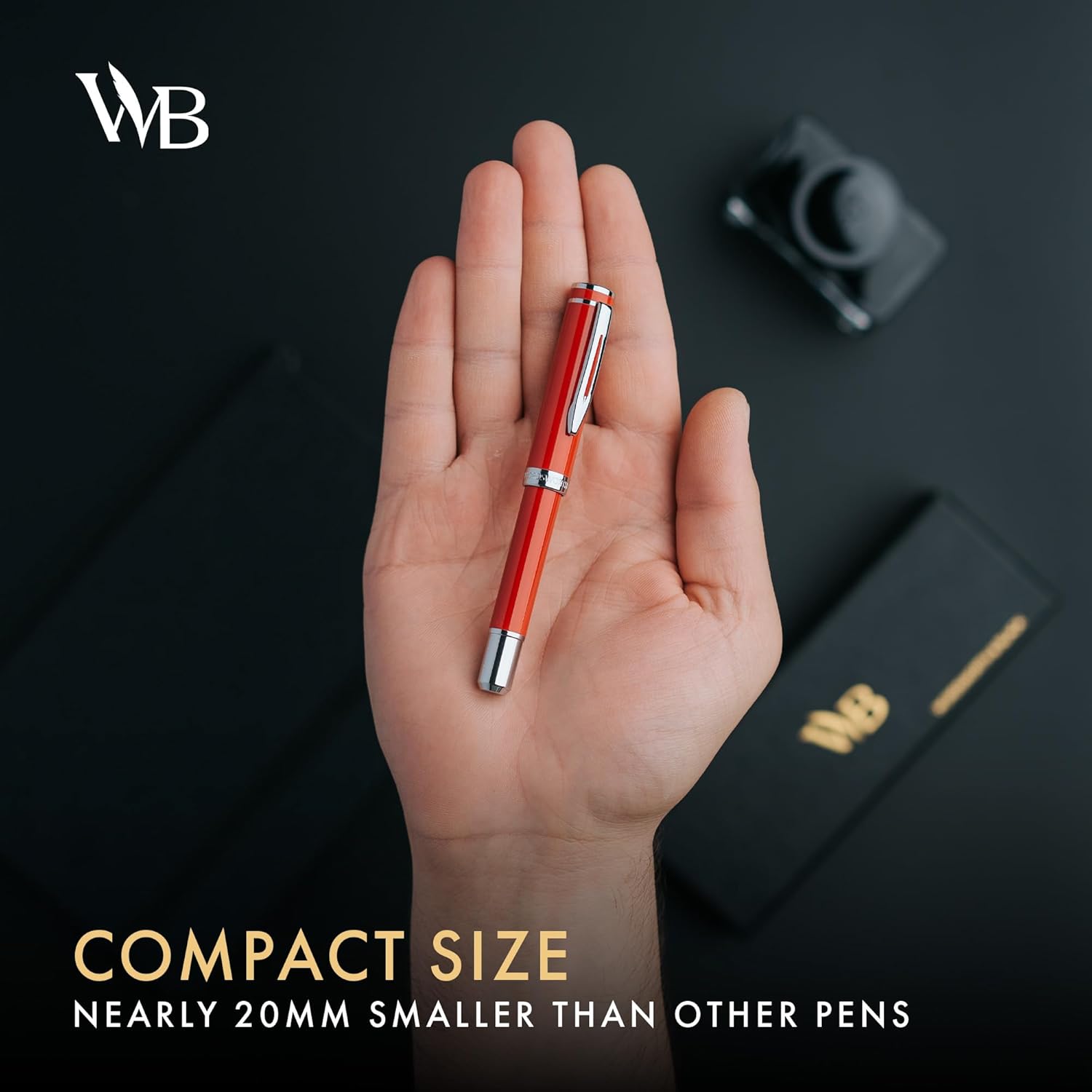 Wordsworth and Black Fountain Pen Mini EDC: Luxury Red Heavy Pocket Pen, Chrome Finish, Medium Nib, 6 Ink Cartridges, Ink Converter, Travel Refillable Writing Pen Gift Set, Men & Women