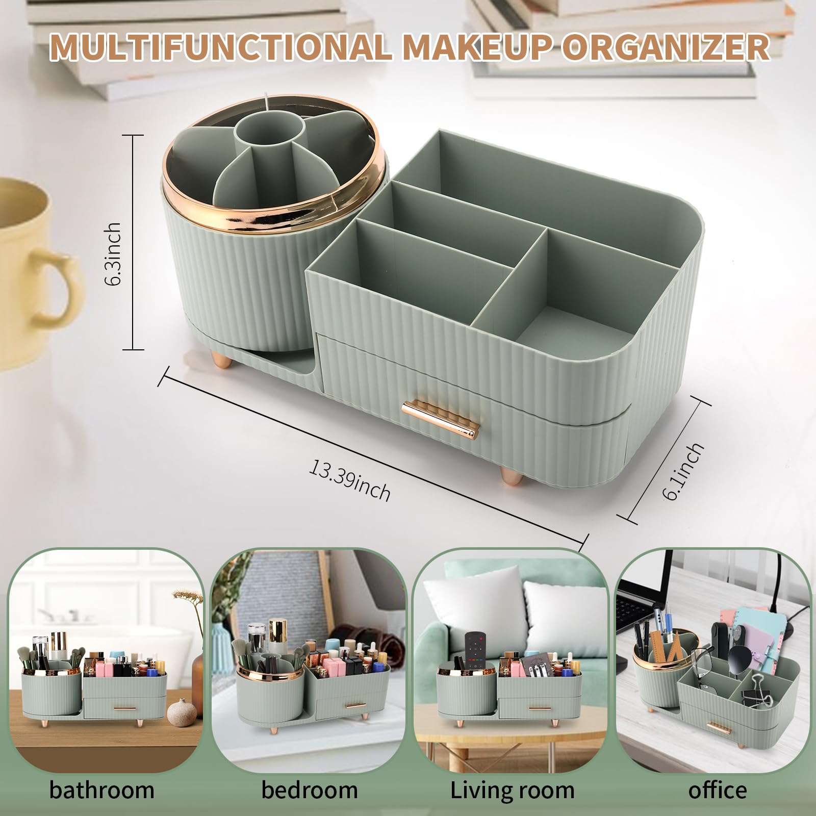 Molutsody Organizer na kosmetyki do makijażu, obracany o 360°, organizer na kosmetyki i przechowywanie z uchwytem na pędzle i szufladami, duża pojemność, organizer na kosmetyki do pielęgnacji skóry