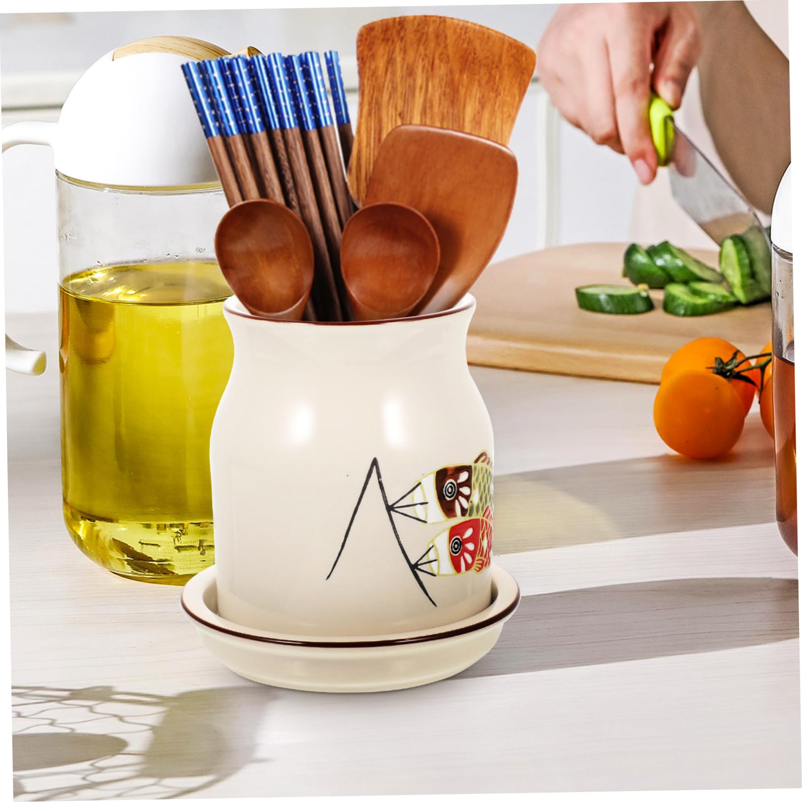 Porte-ustensiles De Cuisine Céramique Support à Couverts Avec Égouttoir Pour Et Cuillères Rangement Pratique Et Élégant Pour Comptoir De Cuisine