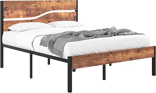 Miniatura 6 de VECELO Base de cama tamaño Queen con cabecera y estribo de madera, plataforma de metal resistente de 14 pulgadas con listones de acero reforzado,