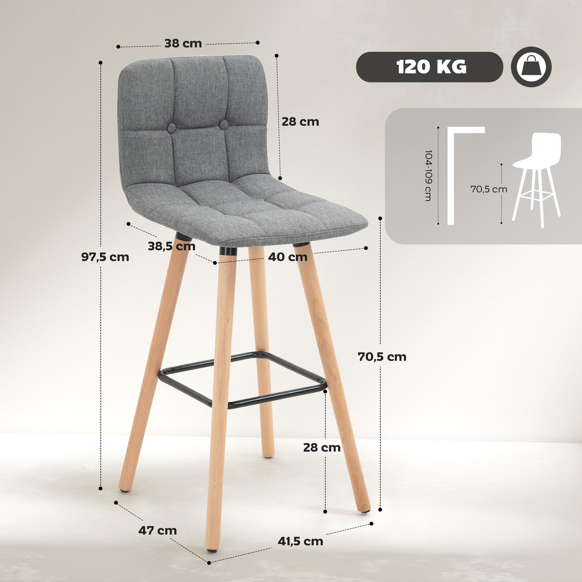 HOMCOM Barhocker 2er-Set – Dunkelgrün, Höhenver Produktbild-Vorschau 3