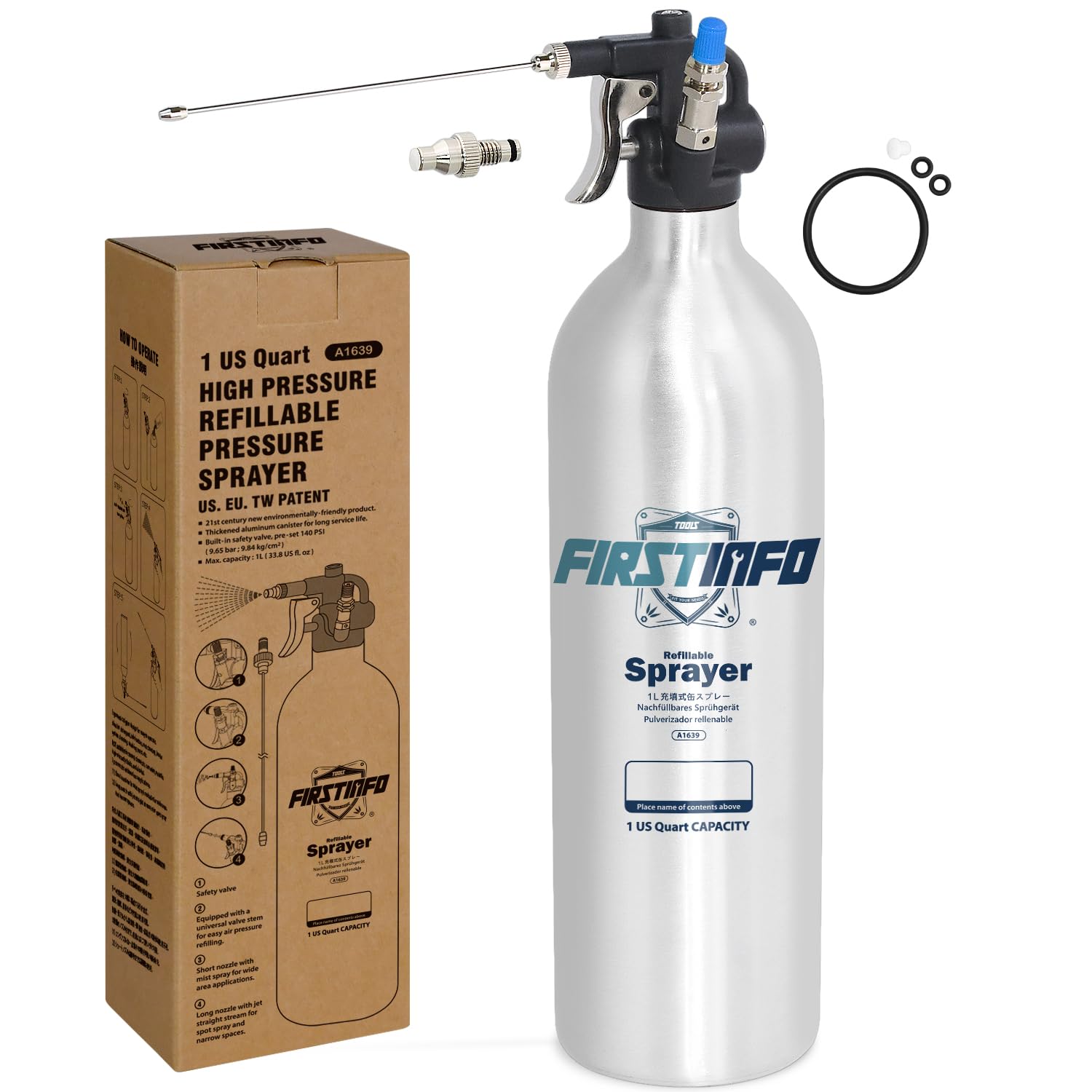 Photo 1 of FIRSTINFO A1639 (3rd Gen) Patented Max. Pressure 140psi / 1000ml Thickened Aluminum Canister Refillable Aerosol Spray Can | Pneumatic Compressed Air Sprayer | Wide Mist & JET Spray