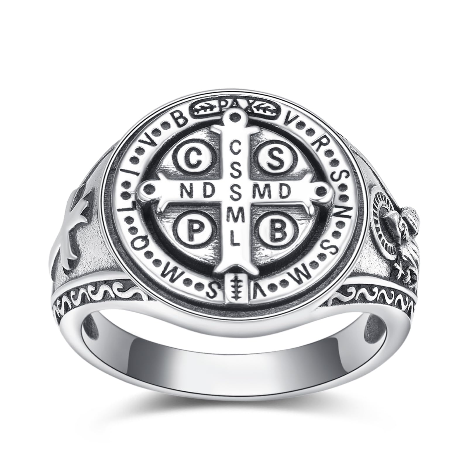 ADMETUS Bague Saint Benoît en argent sterling 925 - Bague de protection - Cadeau religieux pour homme - Taille 6-15