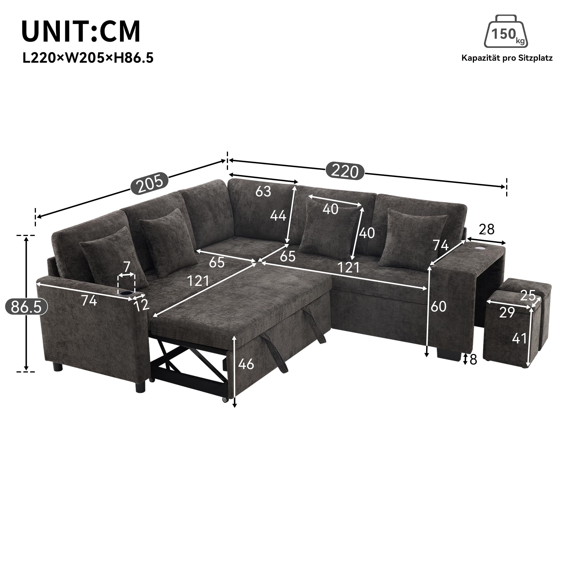 Divano angolare con funzione letto e vano portaoggetti, divano letto convertibile a forma di L, con ricarica USB e portabicchieri, ideale per soggiorno e home theater (grigio)